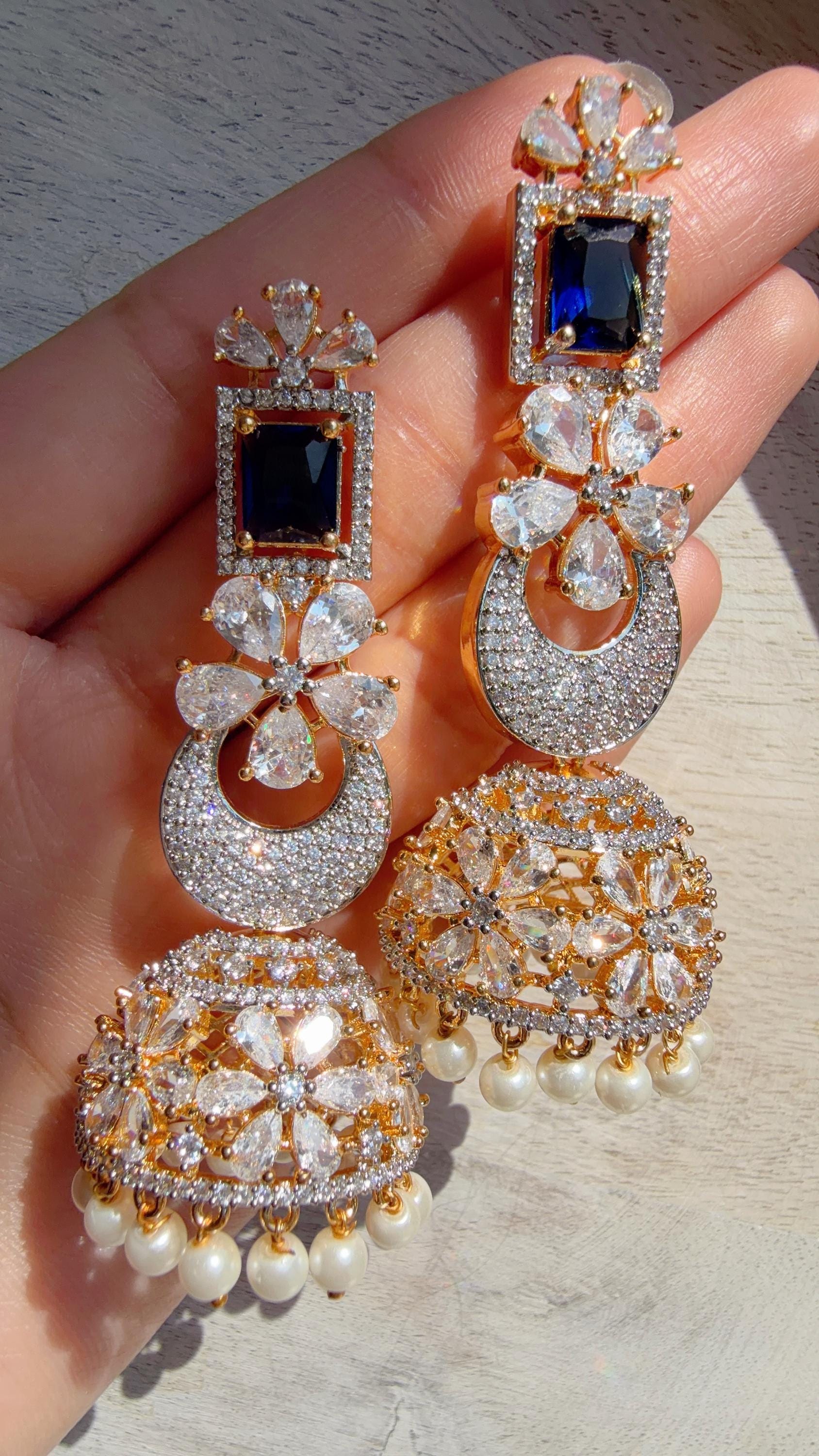 2 Tone Chaand diamond jhumka Earrings next to real/ Indian Jewelry Indian Earrings/American Diamond jhumka/CZ Earrings/