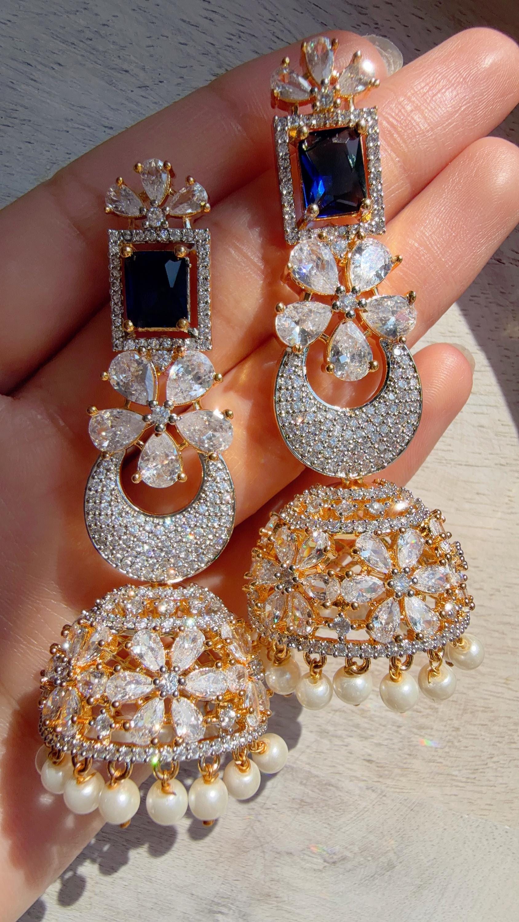 2 Tone Chaand diamond jhumka Earrings next to real/ Indian Jewelry Indian Earrings/American Diamond jhumka/CZ Earrings/
