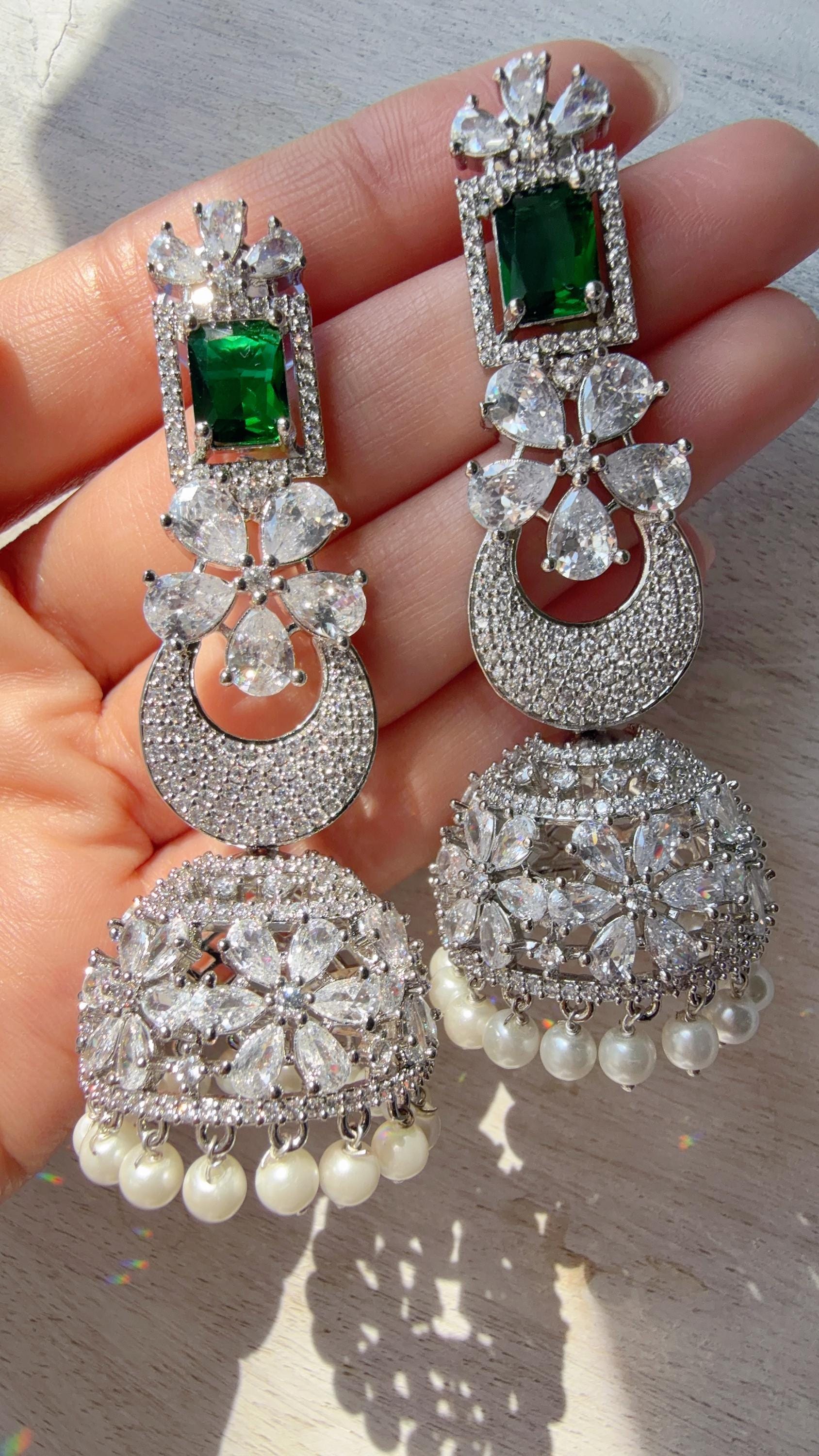 Anaya Rhodium Chaand diamond jhumka Earrings next to real/ Indian Jewelry Indian Earrings/American Diamond jhumka/CZ Earrings/