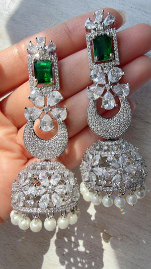 Anaya Rhodium Chaand diamond jhumka Earrings next to real/ Indian Jewelry Indian Earrings/American Diamond jhumka/CZ Earrings/