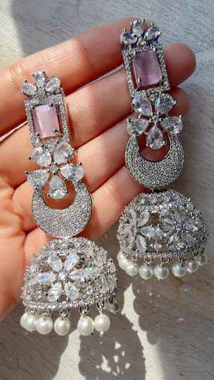 Anaya Rhodium Chaand diamond jhumka Earrings next to real/ Indian Jewelry Indian Earrings/American Diamond jhumka/CZ Earrings/