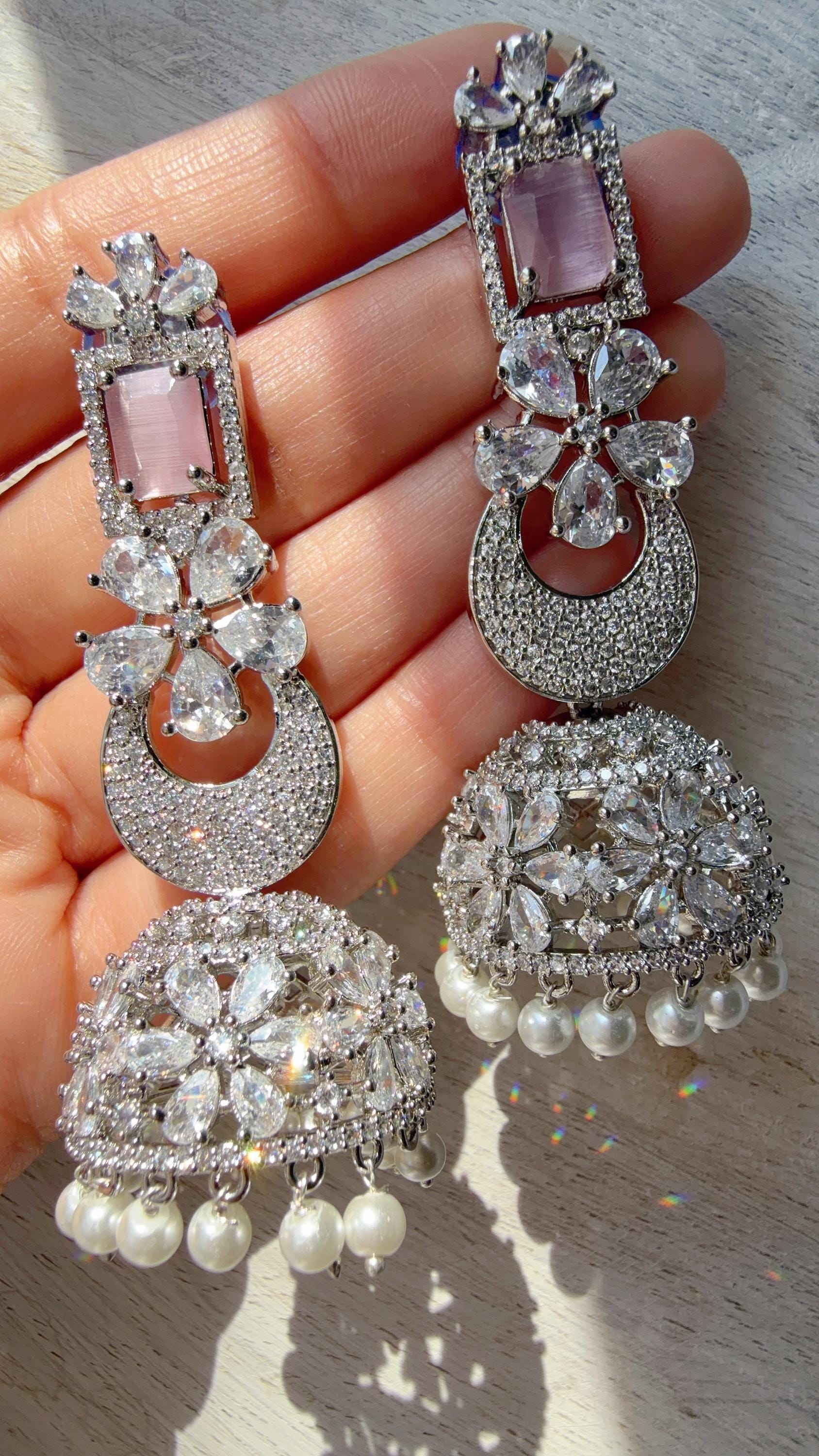 Anaya Rhodium Chaand diamond jhumka Earrings next to real/ Indian Jewelry Indian Earrings/American Diamond jhumka/CZ Earrings/