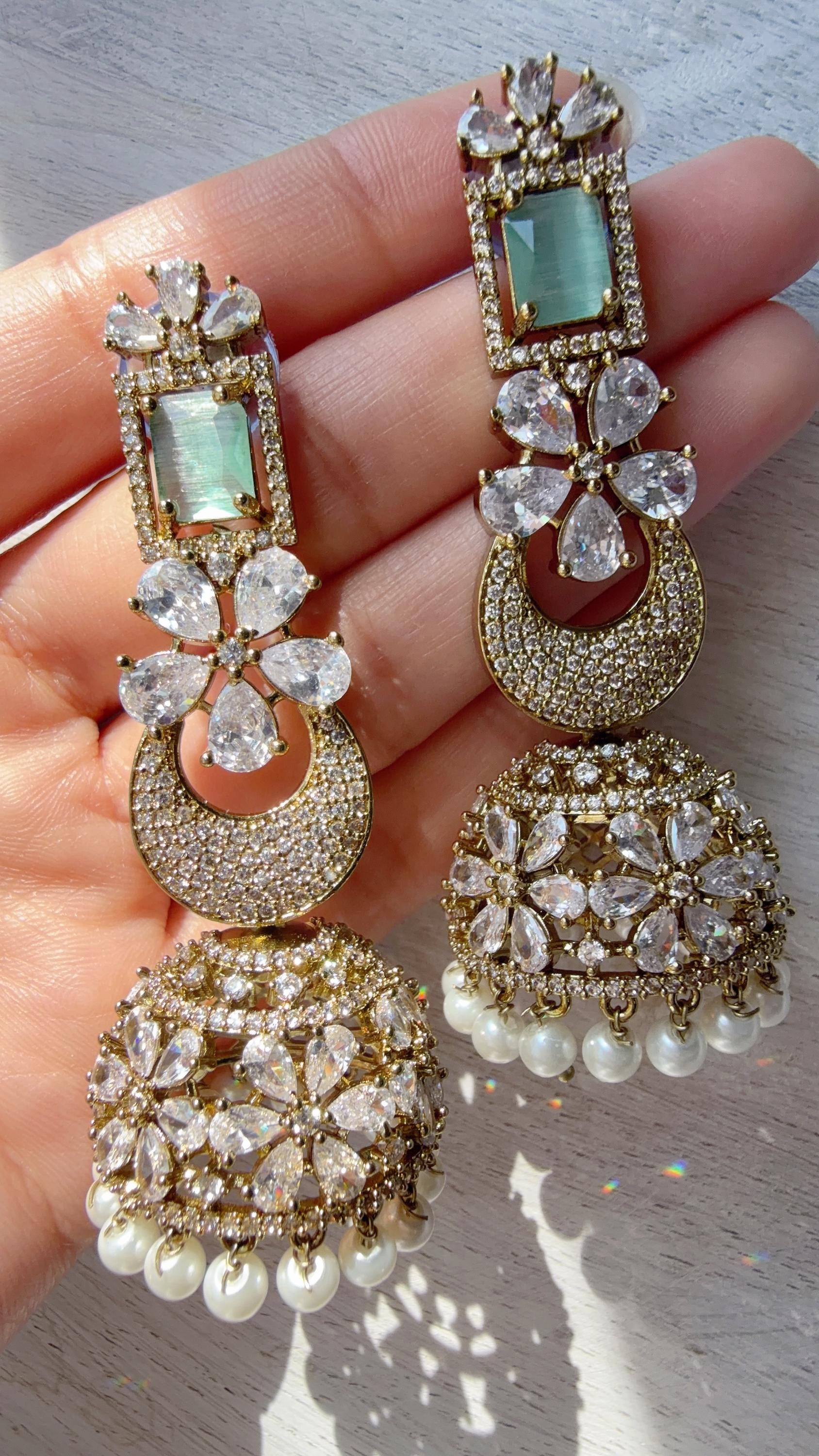 Anaya Mehendi Chaand diamond jhumka Earrings next to real/ Indian Jewelry Indian Earrings/American Diamond jhumka/CZ Earrings/