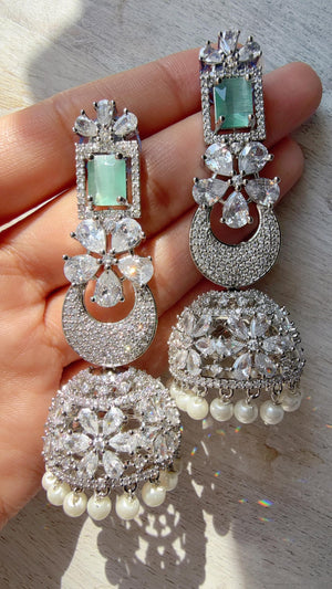 Anaya Rhodium Chaand diamond jhumka Earrings next to real/ Indian Jewelry Indian Earrings/American Diamond jhumka/CZ Earrings/
