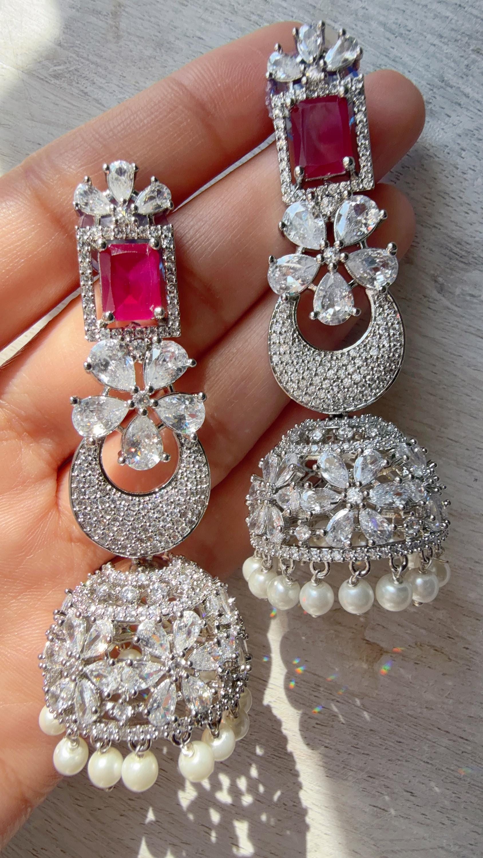 Anaya Rhodium Chaand diamond jhumka Earrings next to real/ Indian Jewelry Indian Earrings/American Diamond jhumka/CZ Earrings/