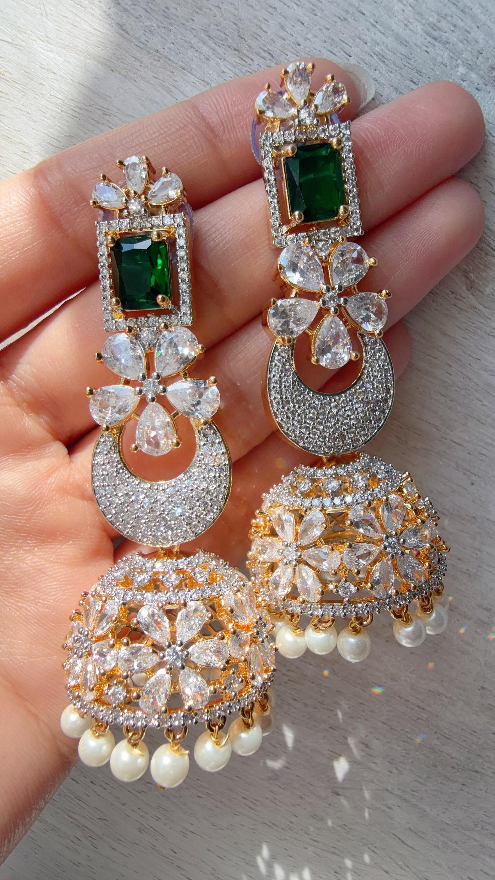 Anaya 2 Tone Chaand diamond jhumka Earrings next to real/ Indian Jewelry Indian Earrings/American Diamond jhumka/CZ Earrings/