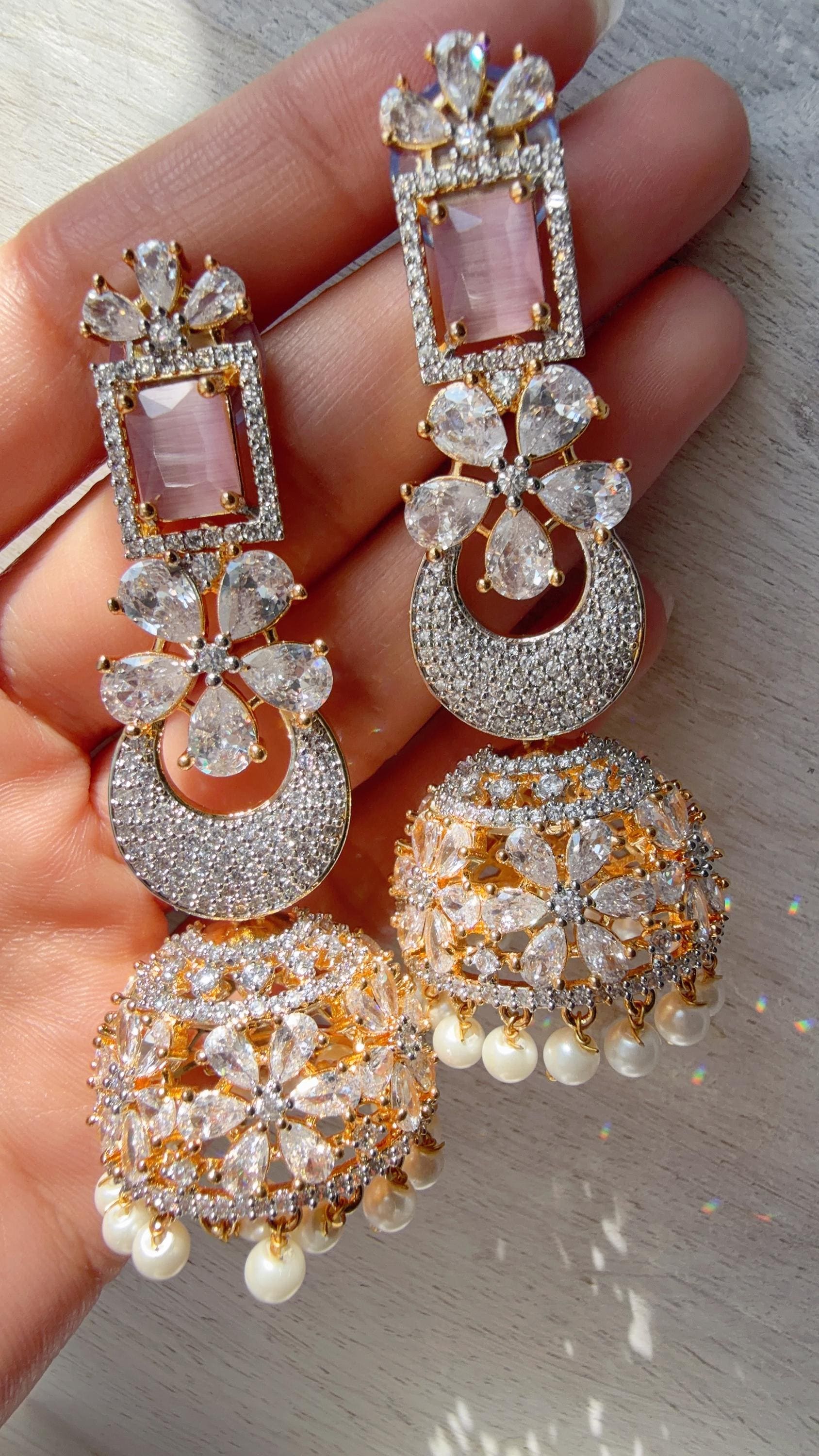 Anaya 2 Tone Chaand diamond jhumka Earrings next to real/ Indian Jewelry Indian Earrings/American Diamond jhumka/CZ Earrings/