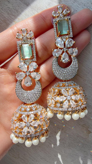 Anaya 2 Tone Chaand diamond jhumka Earrings next to real/ Indian Jewelry Indian Earrings/American Diamond jhumka/CZ Earrings/