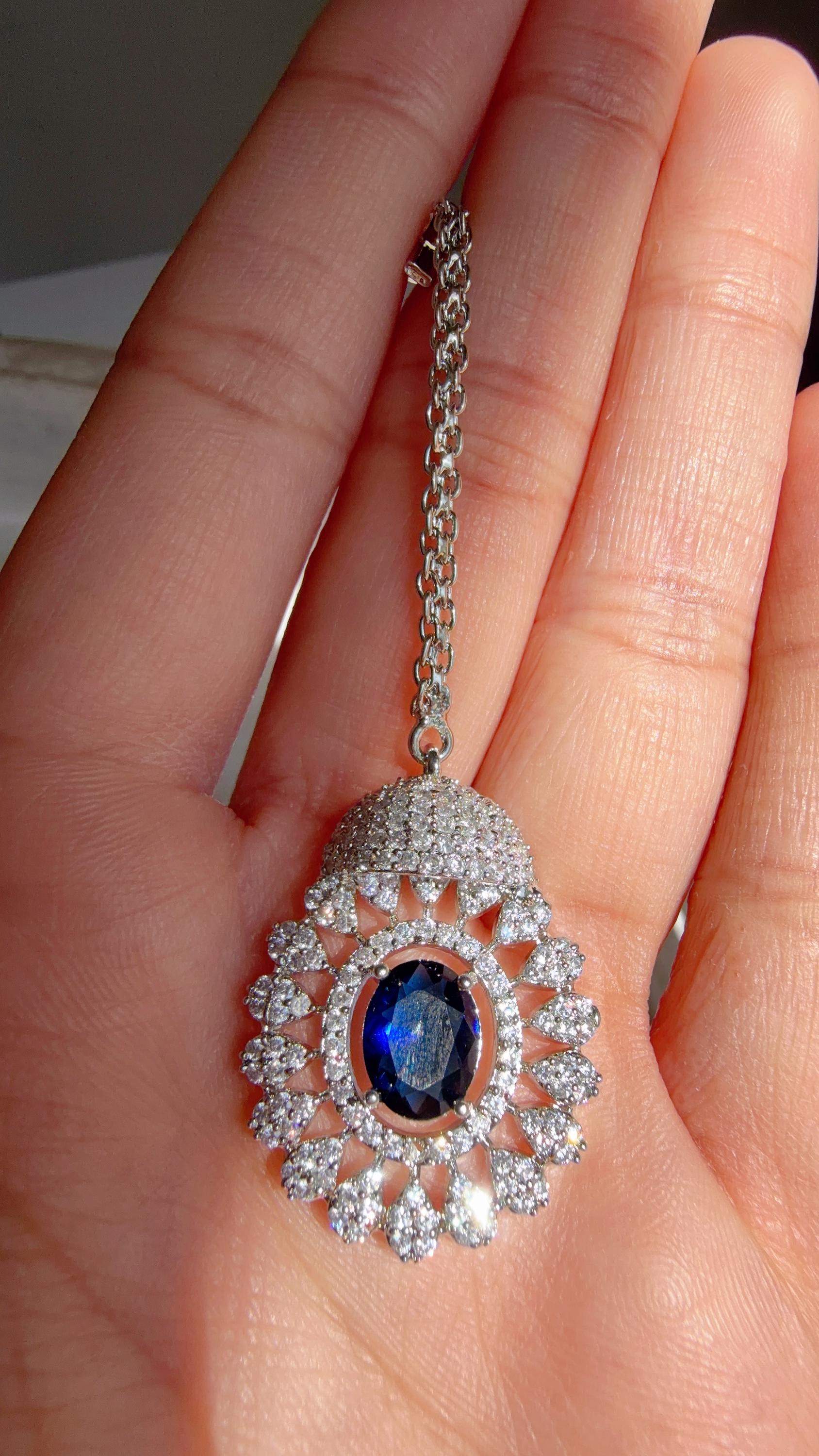 Rhodium Bridal Blue Sapphire Necklace Set with Earrings and Maang Tikka | CZ Indian Wedding Jewelry | Statement Necklace - Kajol