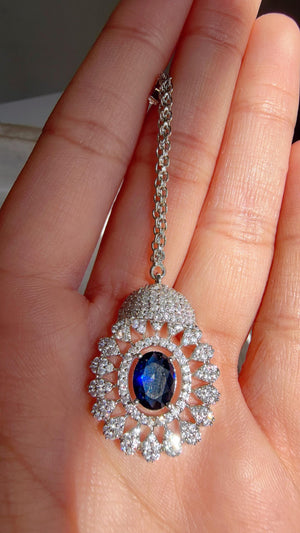 Rhodium Bridal Blue Sapphire Necklace Set with Earrings and Maang Tikka | CZ Indian Wedding Jewelry | Statement Necklace - Kajol