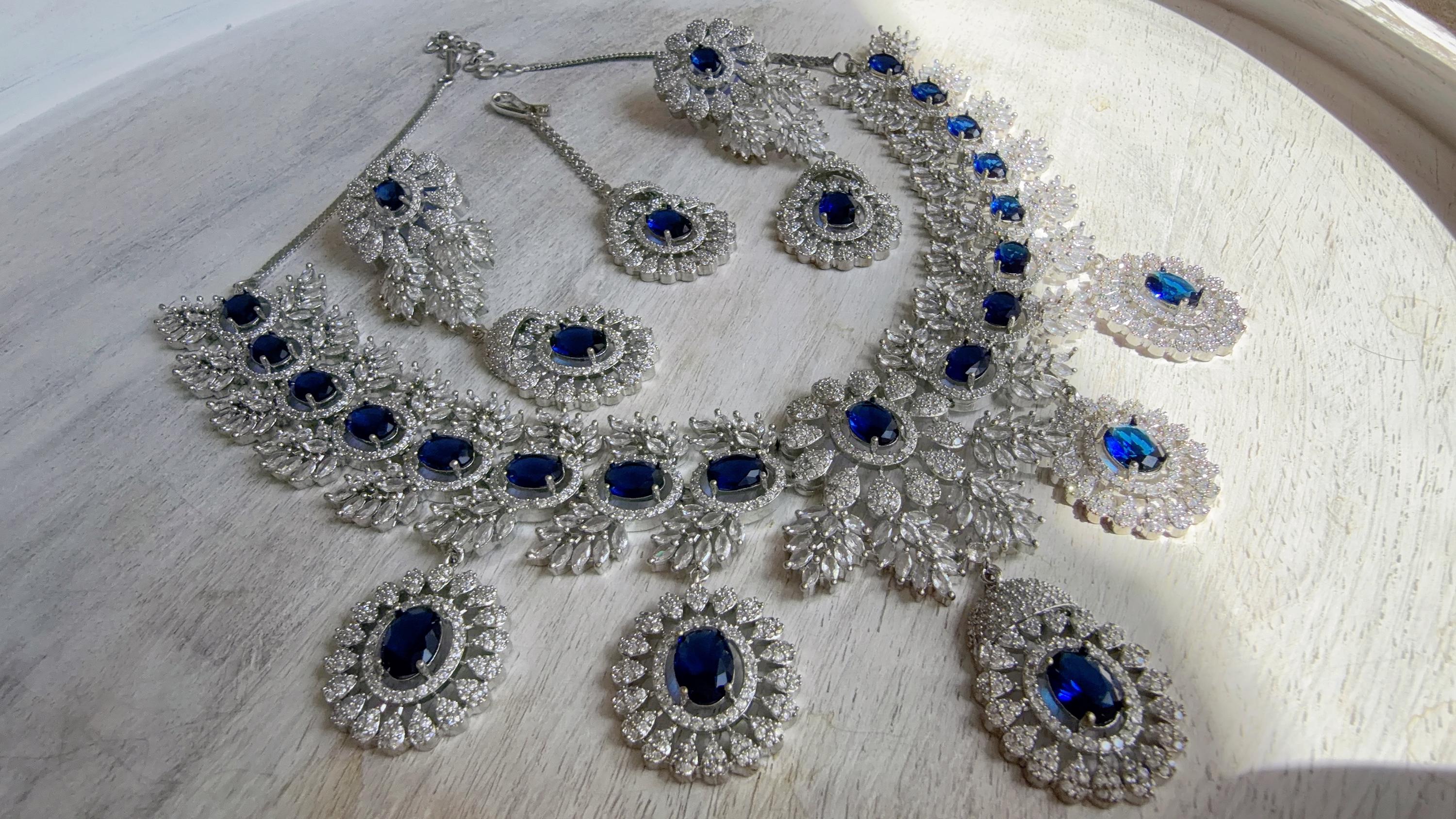 Rhodium Bridal Blue Sapphire Necklace Set with Earrings and Maang Tikka | CZ Indian Wedding Jewelry | Statement Necklace - Kajol