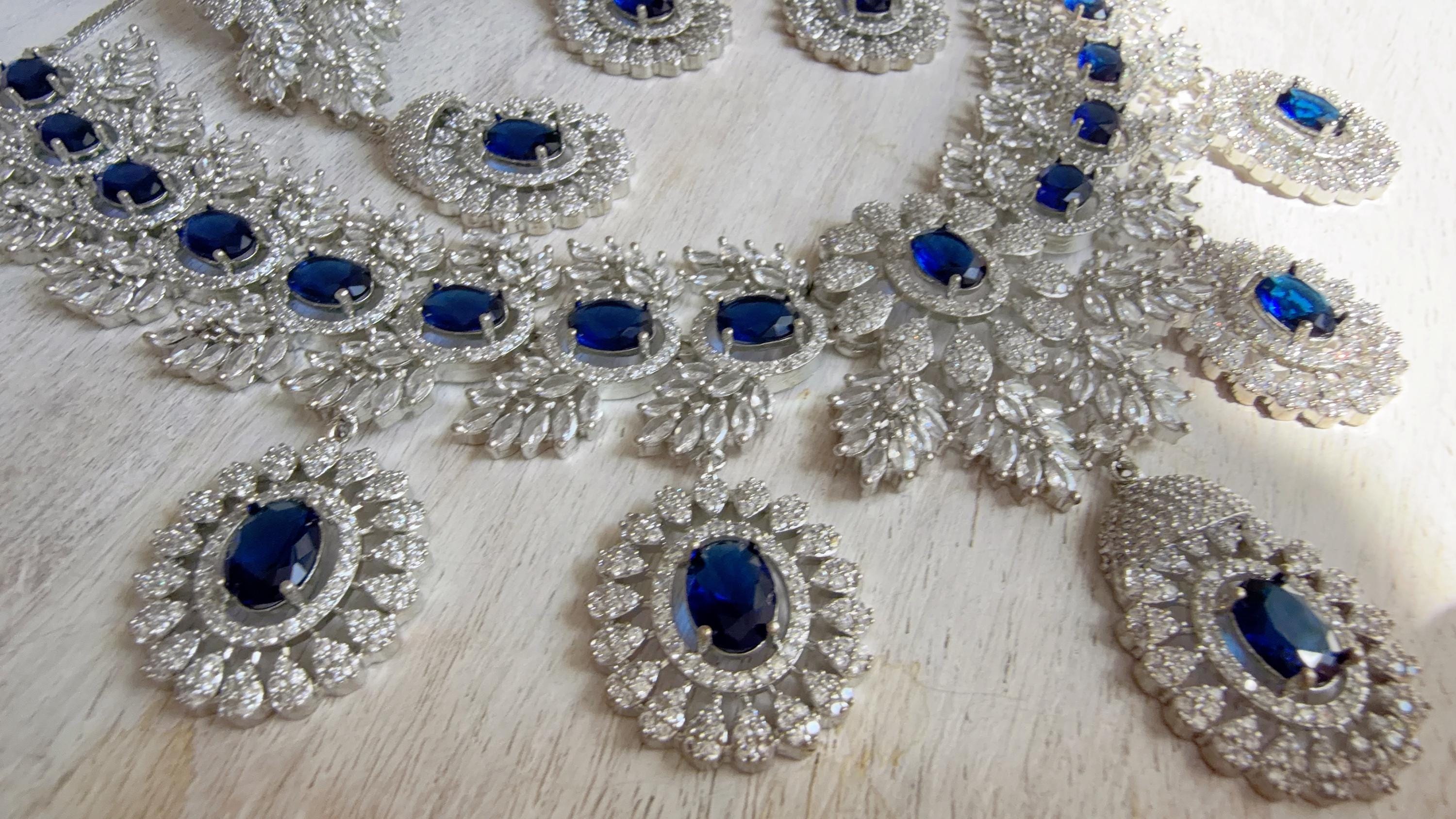 Rhodium Bridal Blue Sapphire Necklace Set with Earrings and Maang Tikka | CZ Indian Wedding Jewelry | Statement Necklace - Kajol