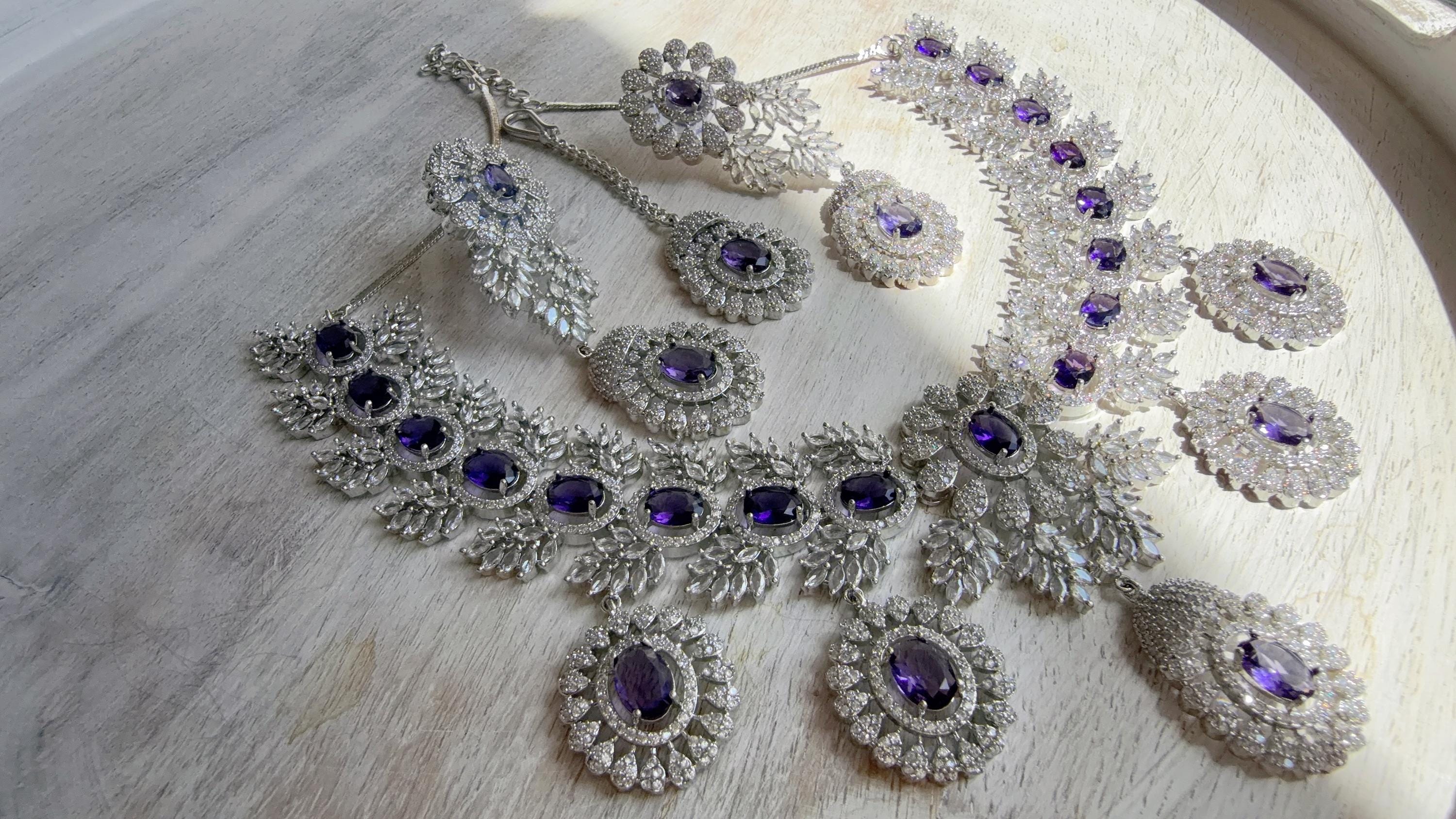 Rhodium Bridal Purple Necklace Set with Earrings and Maang Tikka | CZ Indian Wedding Jewelry | Statement Necklace - Kajol