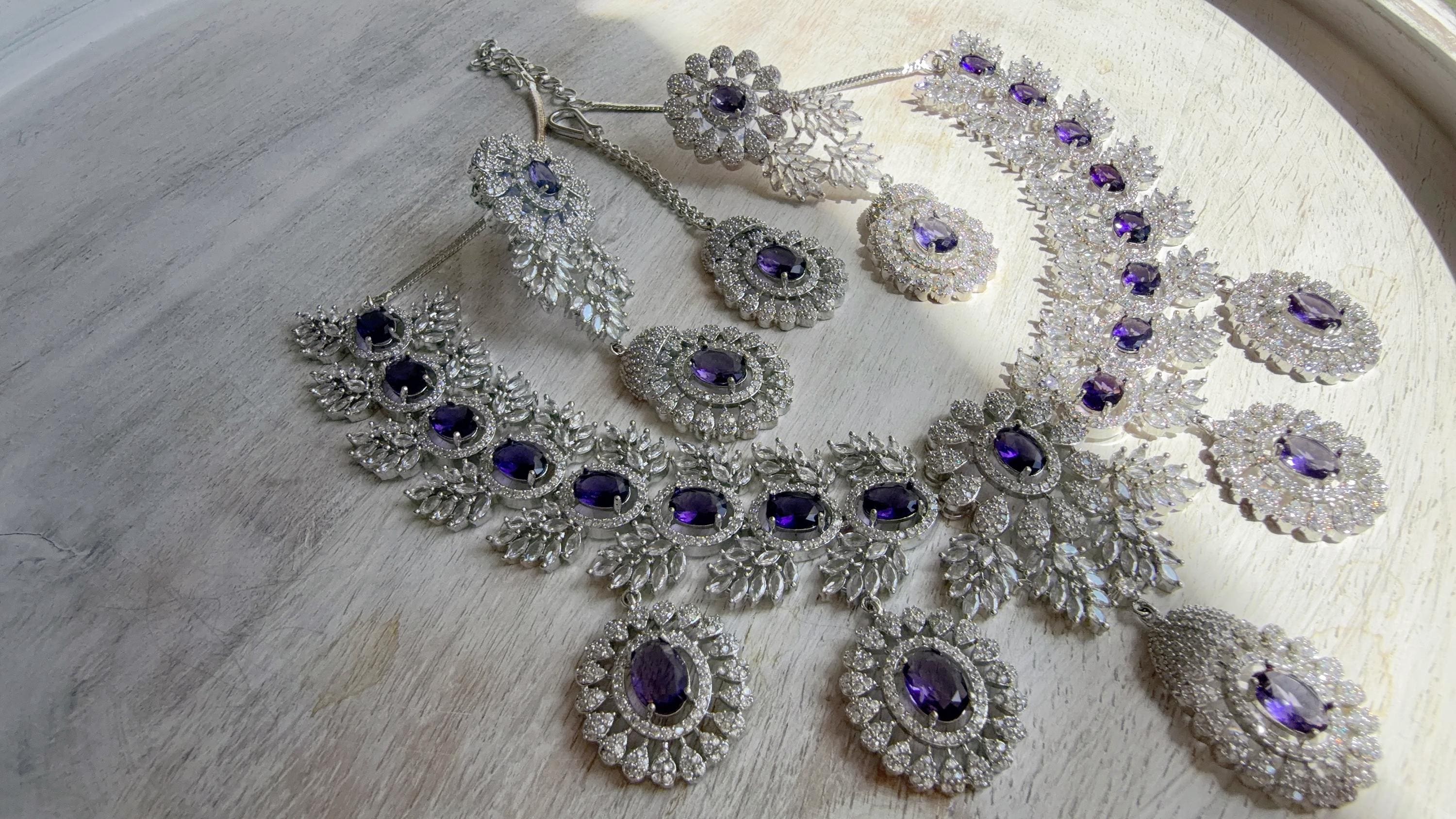 Rhodium Bridal Purple Necklace Set with Earrings and Maang Tikka | CZ Indian Wedding Jewelry | Statement Necklace - Kajol