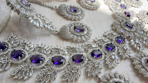 Rhodium Bridal Purple Necklace Set with Earrings and Maang Tikka | CZ Indian Wedding Jewelry | Statement Necklace - Kajol