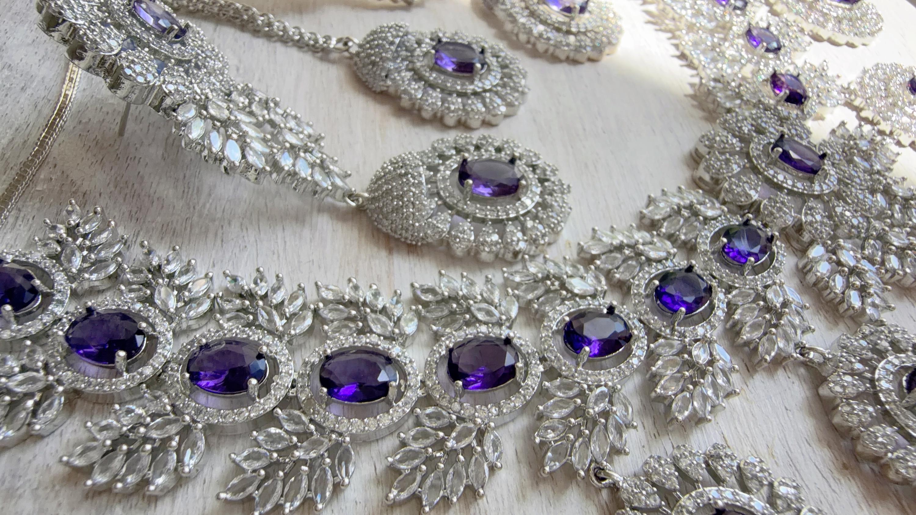 Rhodium Bridal Purple Necklace Set with Earrings and Maang Tikka | CZ Indian Wedding Jewelry | Statement Necklace - Kajol
