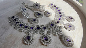 Rhodium Bridal Purple Necklace Set with Earrings and Maang Tikka | CZ Indian Wedding Jewelry | Statement Necklace - Kajol