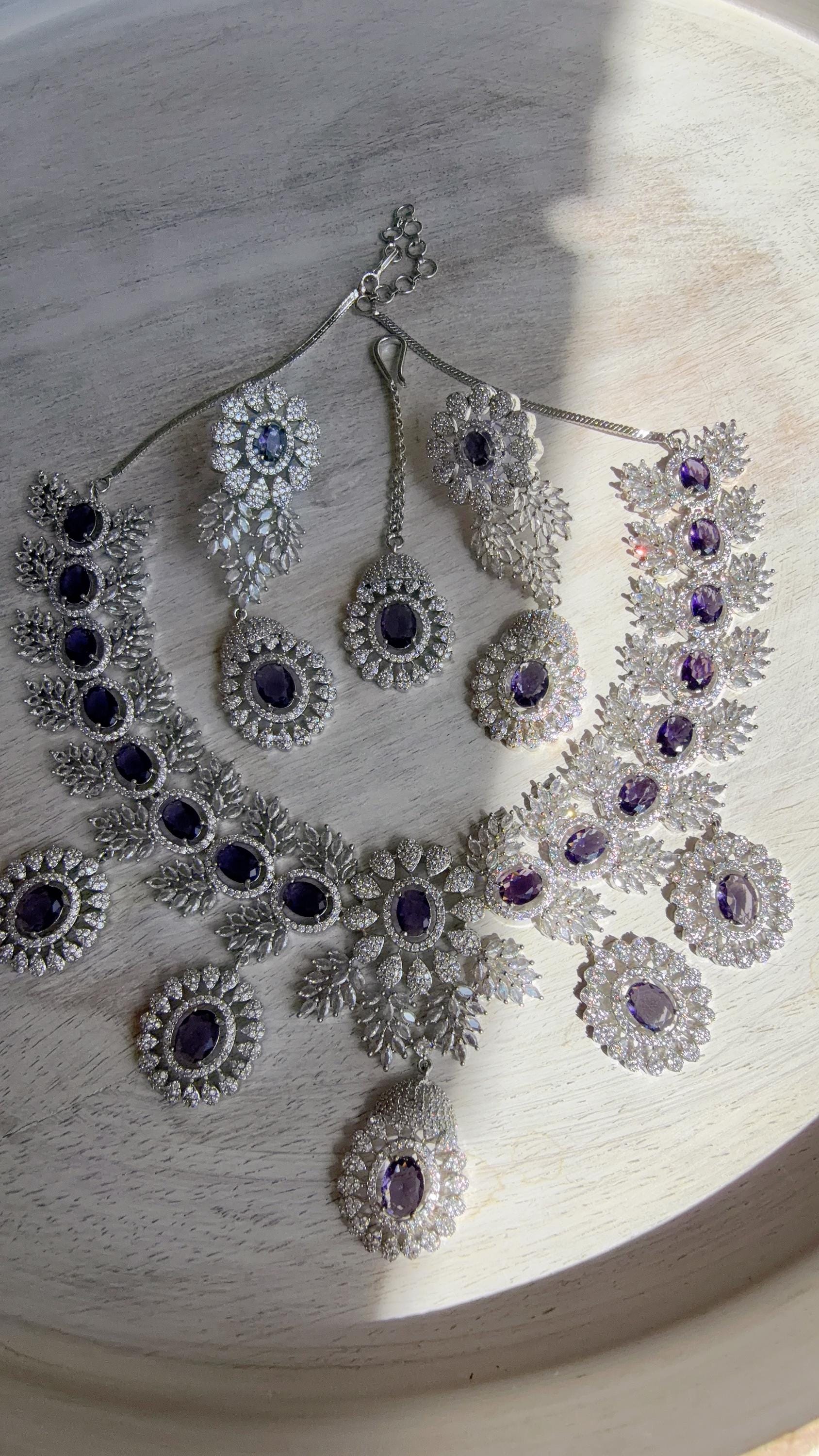 Rhodium Bridal Purple Necklace Set with Earrings and Maang Tikka | CZ Indian Wedding Jewelry | Statement Necklace - Kajol