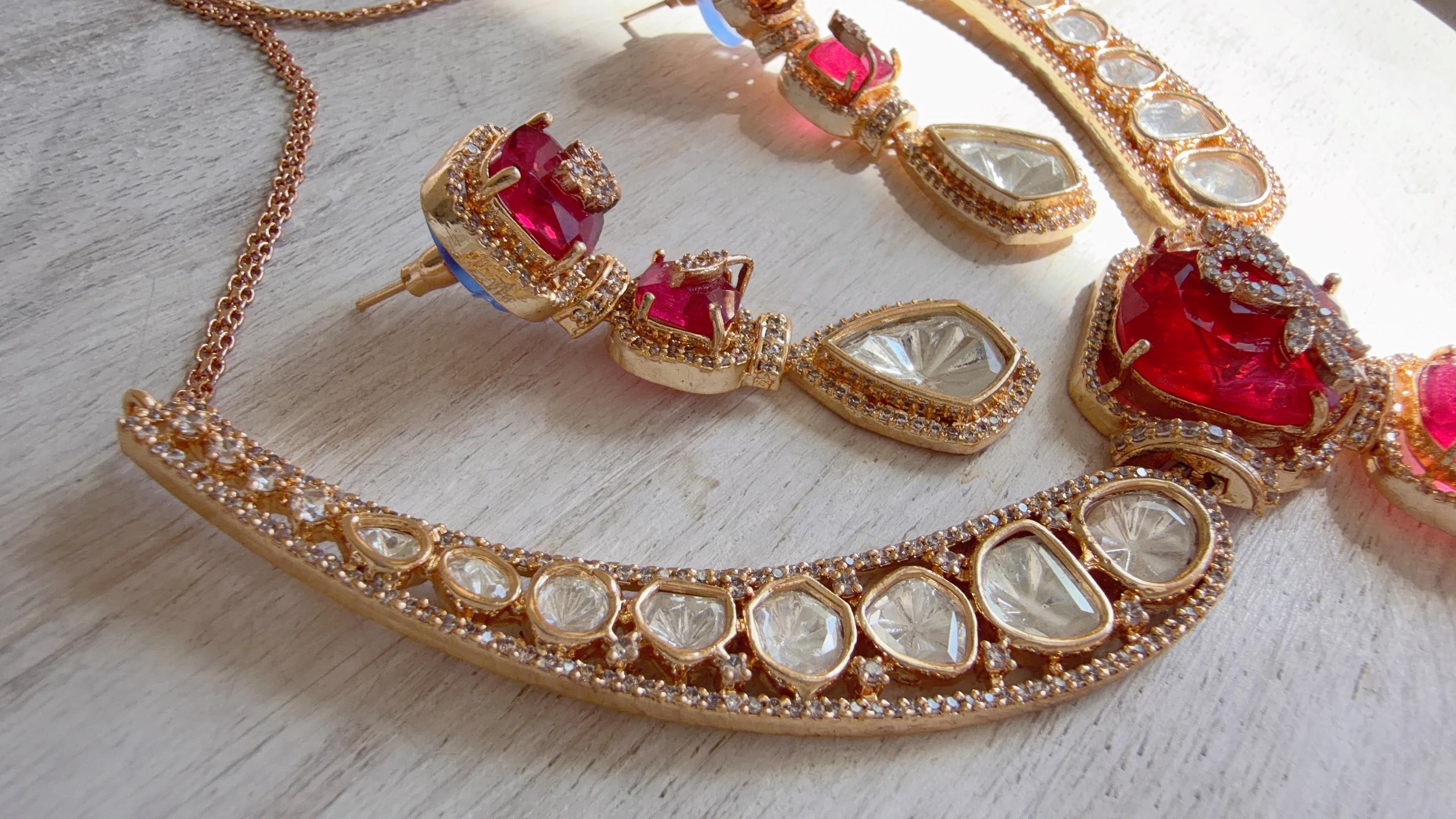 Classical Modern Kundan Ruby Hasli Necklace Set | Indian Bridal Hasli | Statement Wedding Jewelry - Niyati