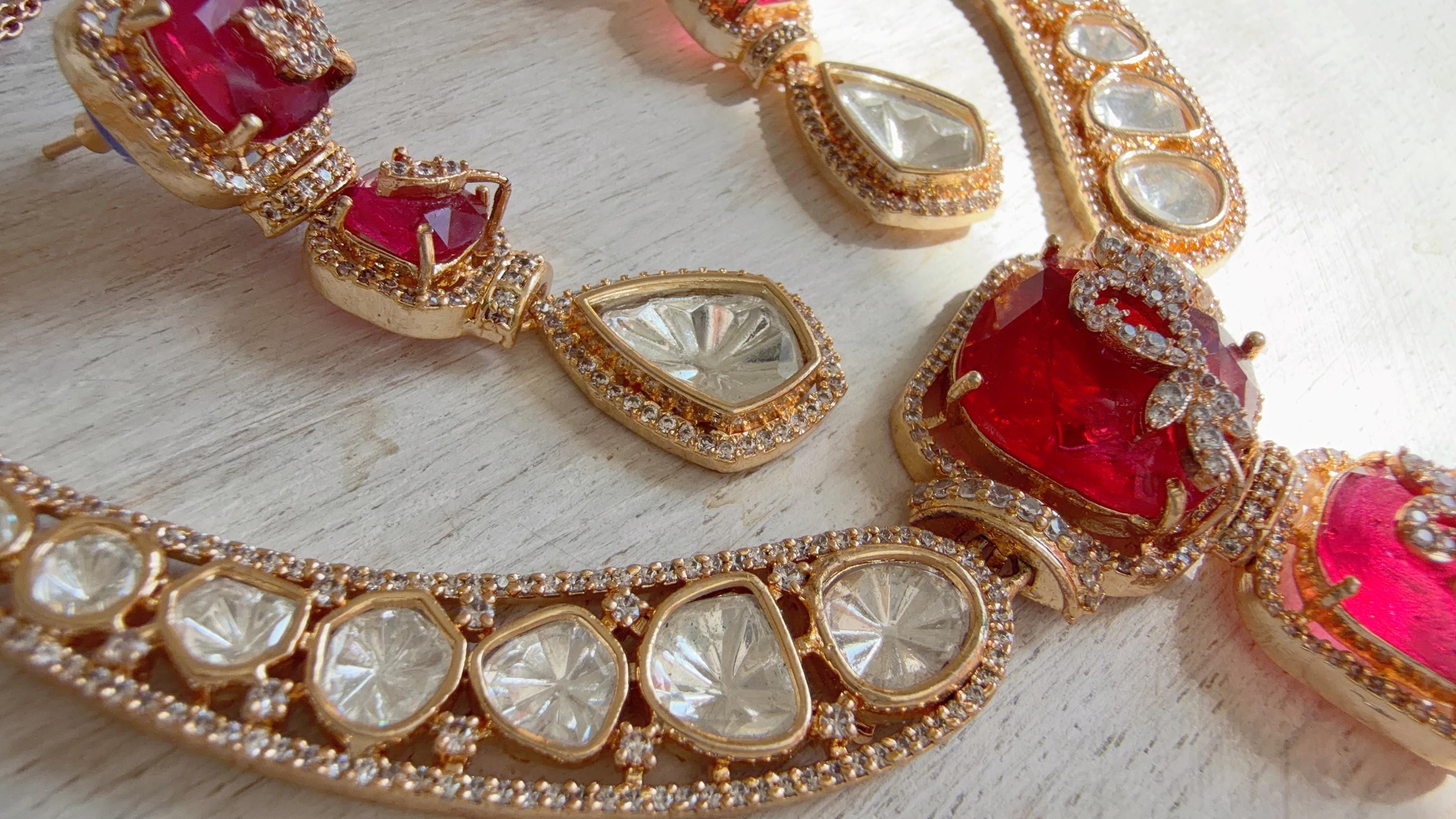 Classical Modern Kundan Ruby Hasli Necklace Set | Indian Bridal Hasli | Statement Wedding Jewelry - Niyati