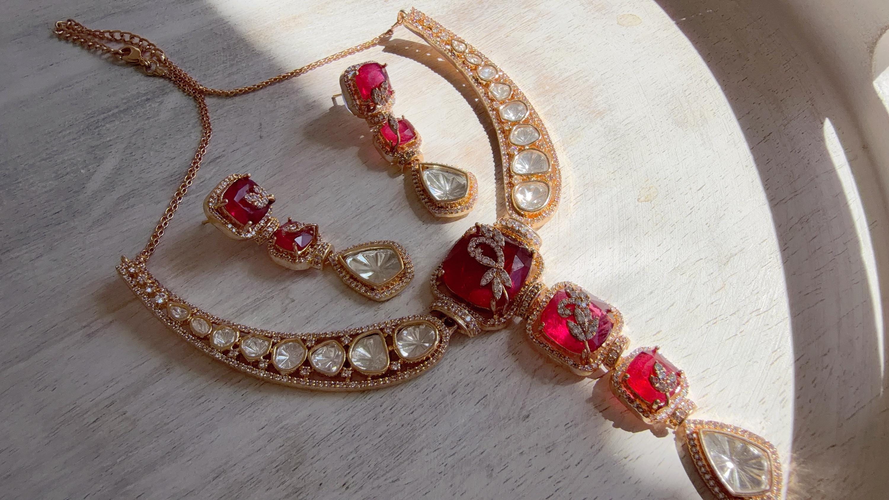 Classical Modern Kundan Ruby Hasli Necklace Set | Indian Bridal Hasli | Statement Wedding Jewelry - Niyati
