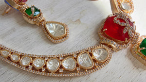 Classical Modern Kundan Ruby Green Hasli Necklace Set | Indian Bridal Hasli | Statement Wedding Jewelry - Niyati