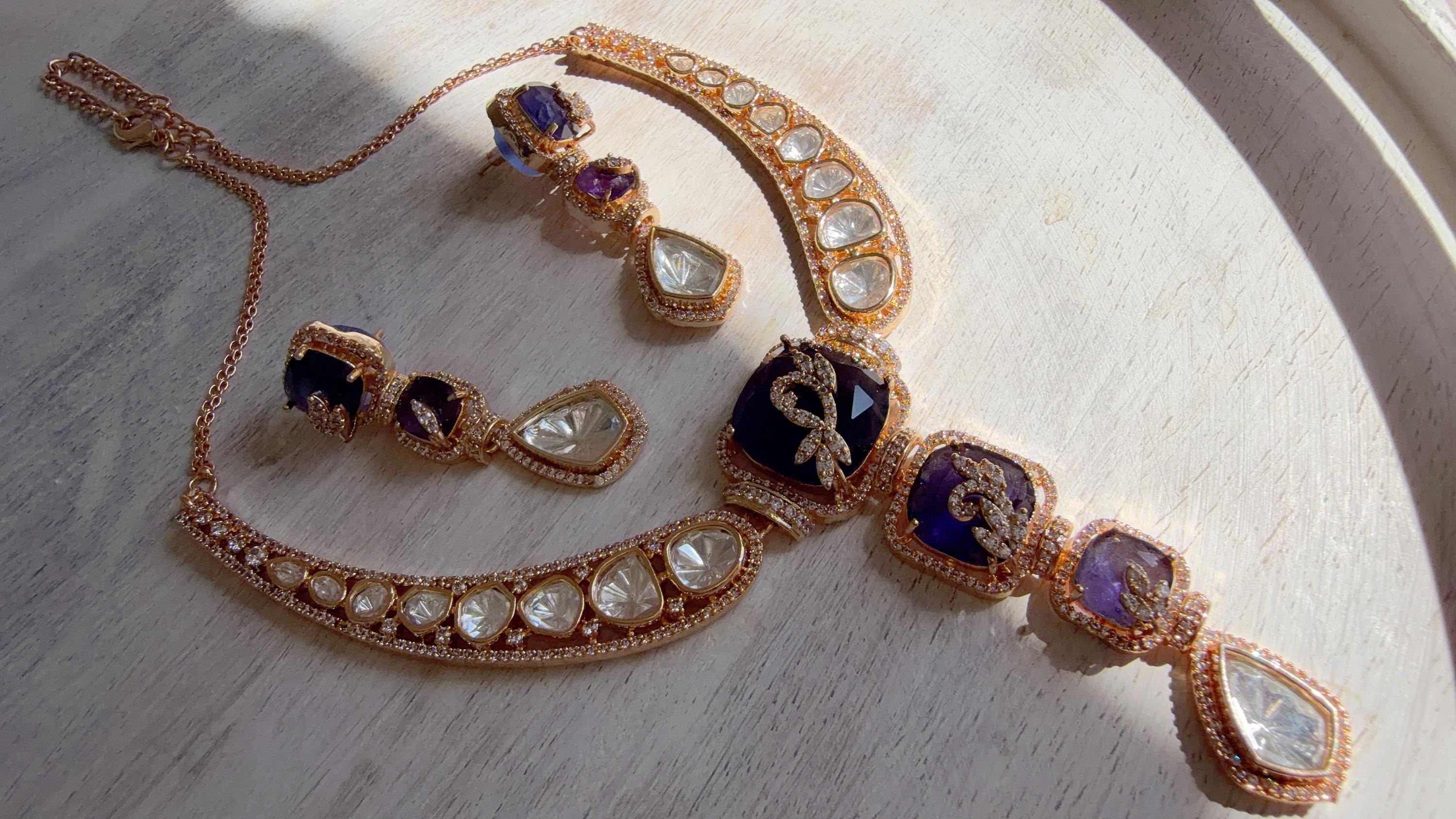 Classical Modern Kundan Blue Purple Hasli Necklace Set | Indian Bridal Hasli | Statement Wedding Jewelry - Niyati