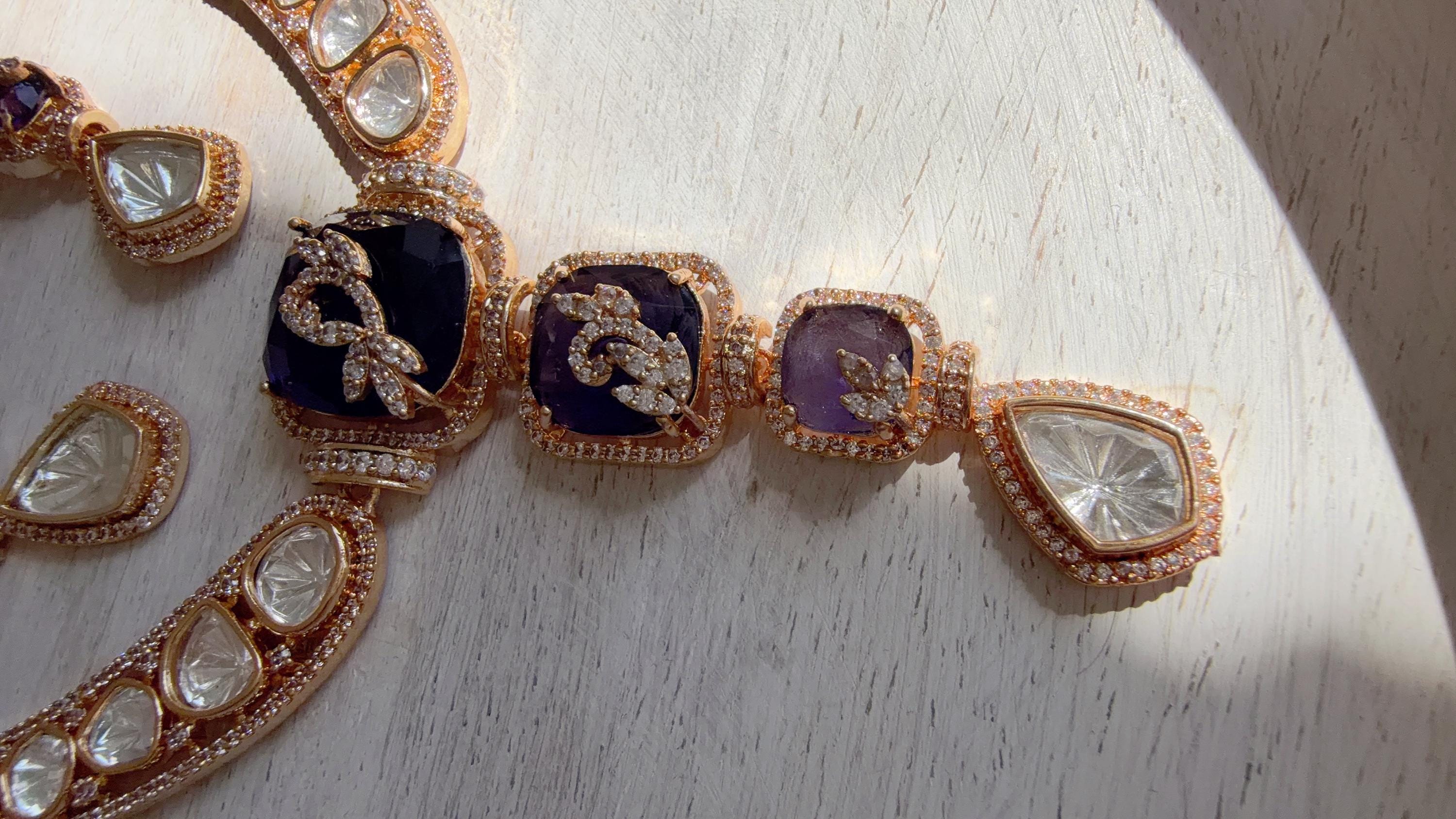 Classical Modern Kundan Blue Purple Hasli Necklace Set | Indian Bridal Hasli | Statement Wedding Jewelry - Niyati