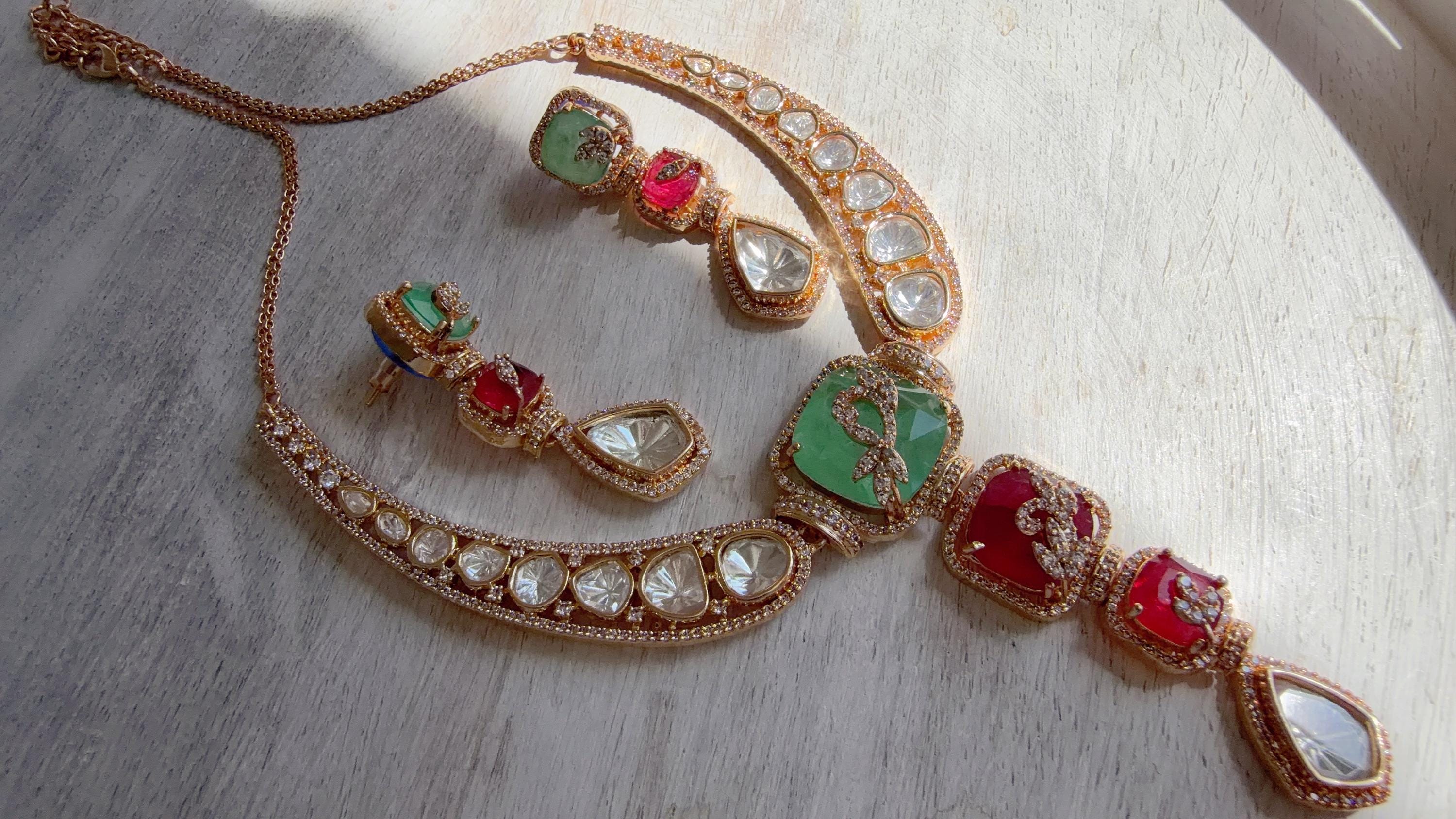 Classical Modern Kundan Mint Ruby Hasli Necklace Set | Indian Bridal Hasli | Statement Wedding Jewelry - Niyati