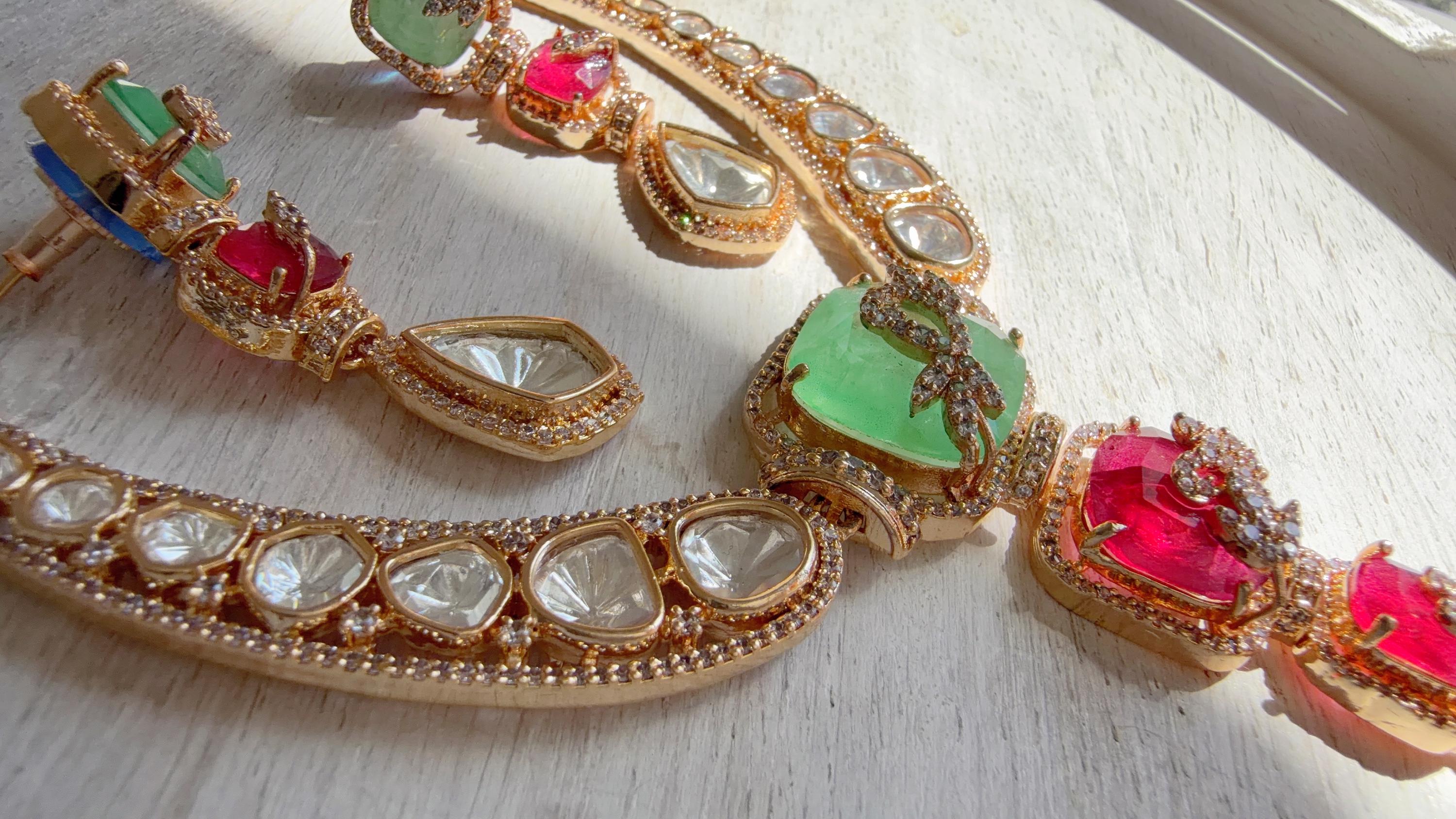 Classical Modern Kundan Mint Ruby Hasli Necklace Set | Indian Bridal Hasli | Statement Wedding Jewelry - Niyati