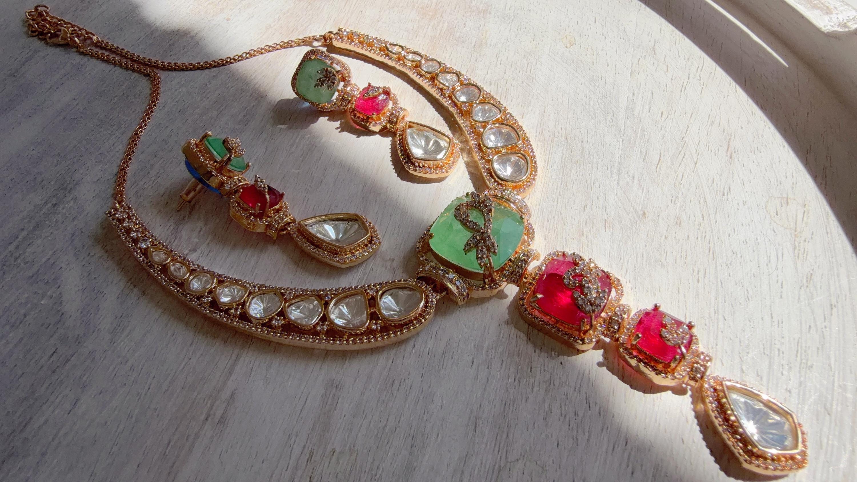 Classical Modern Kundan Mint Ruby Hasli Necklace Set | Indian Bridal Hasli | Statement Wedding Jewelry - Niyati