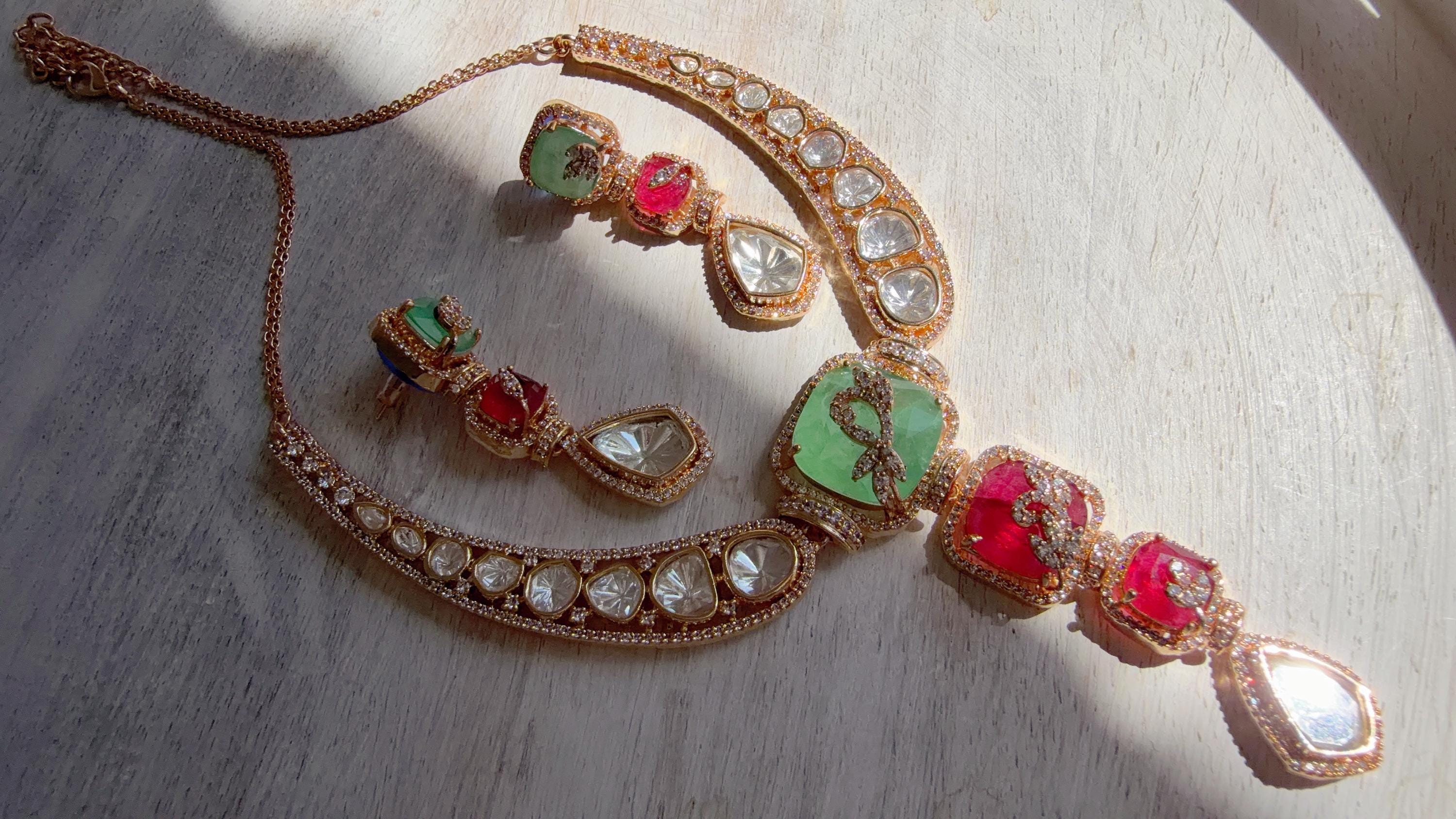 Classical Modern Kundan Mint Ruby Hasli Necklace Set | Indian Bridal Hasli | Statement Wedding Jewelry - Niyati