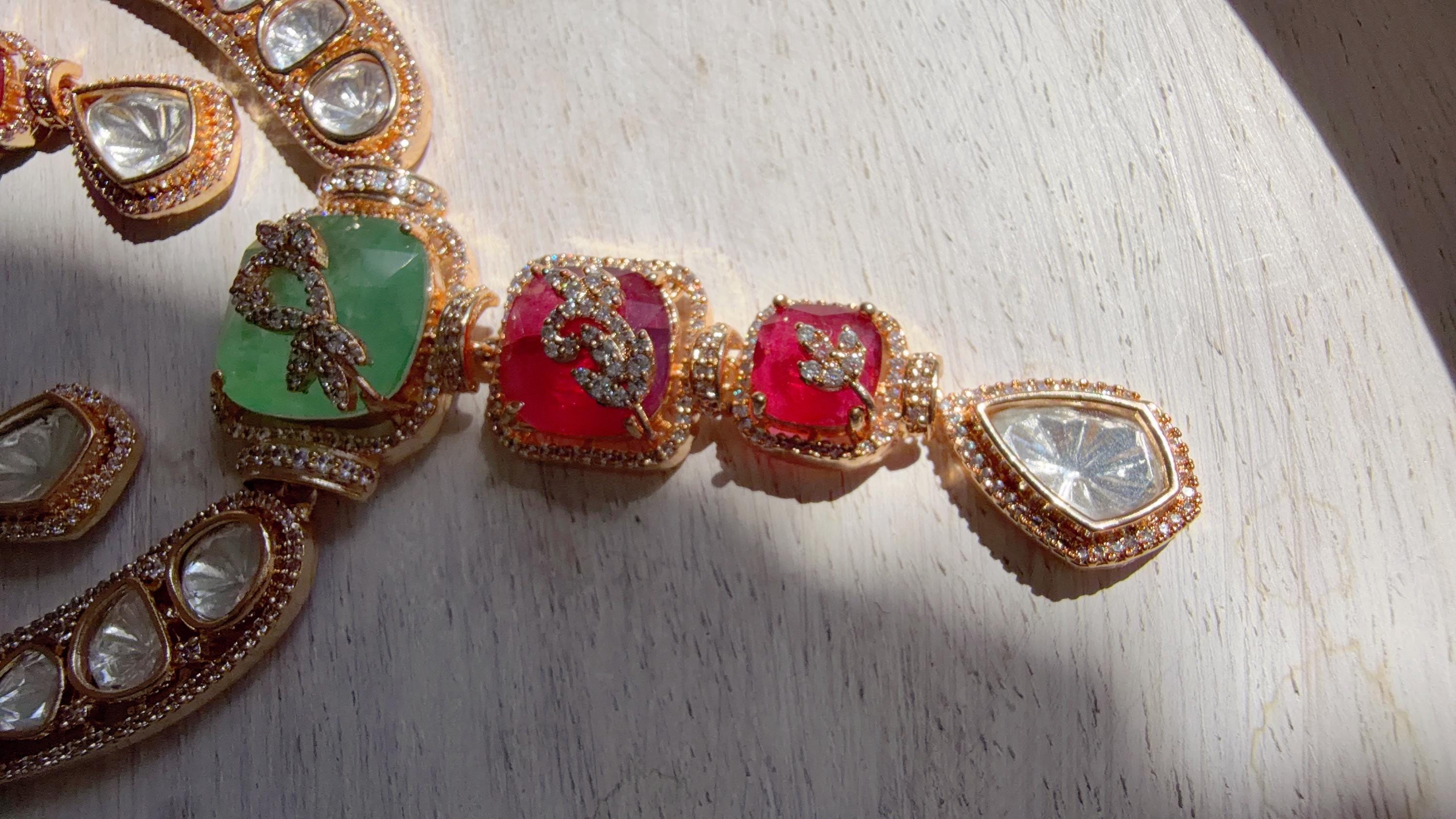 Classical Modern Kundan Mint Ruby Hasli Necklace Set | Indian Bridal Hasli | Statement Wedding Jewelry - Niyati