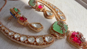 Classical Modern Kundan Mint Ruby Hasli Necklace Set | Indian Bridal Hasli | Statement Wedding Jewelry - Niyati