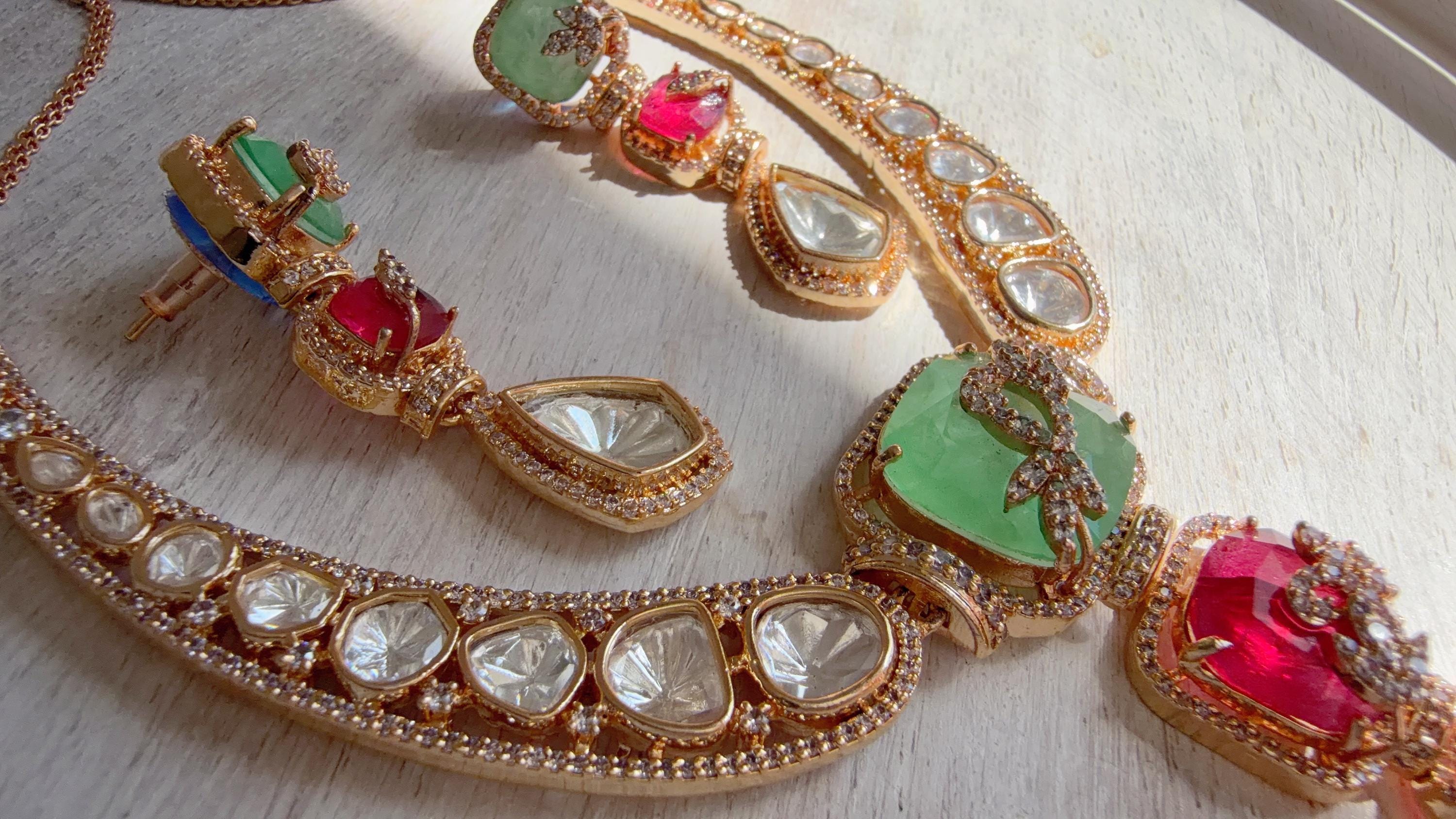 Classical Modern Kundan Mint Ruby Hasli Necklace Set | Indian Bridal Hasli | Statement Wedding Jewelry - Niyati