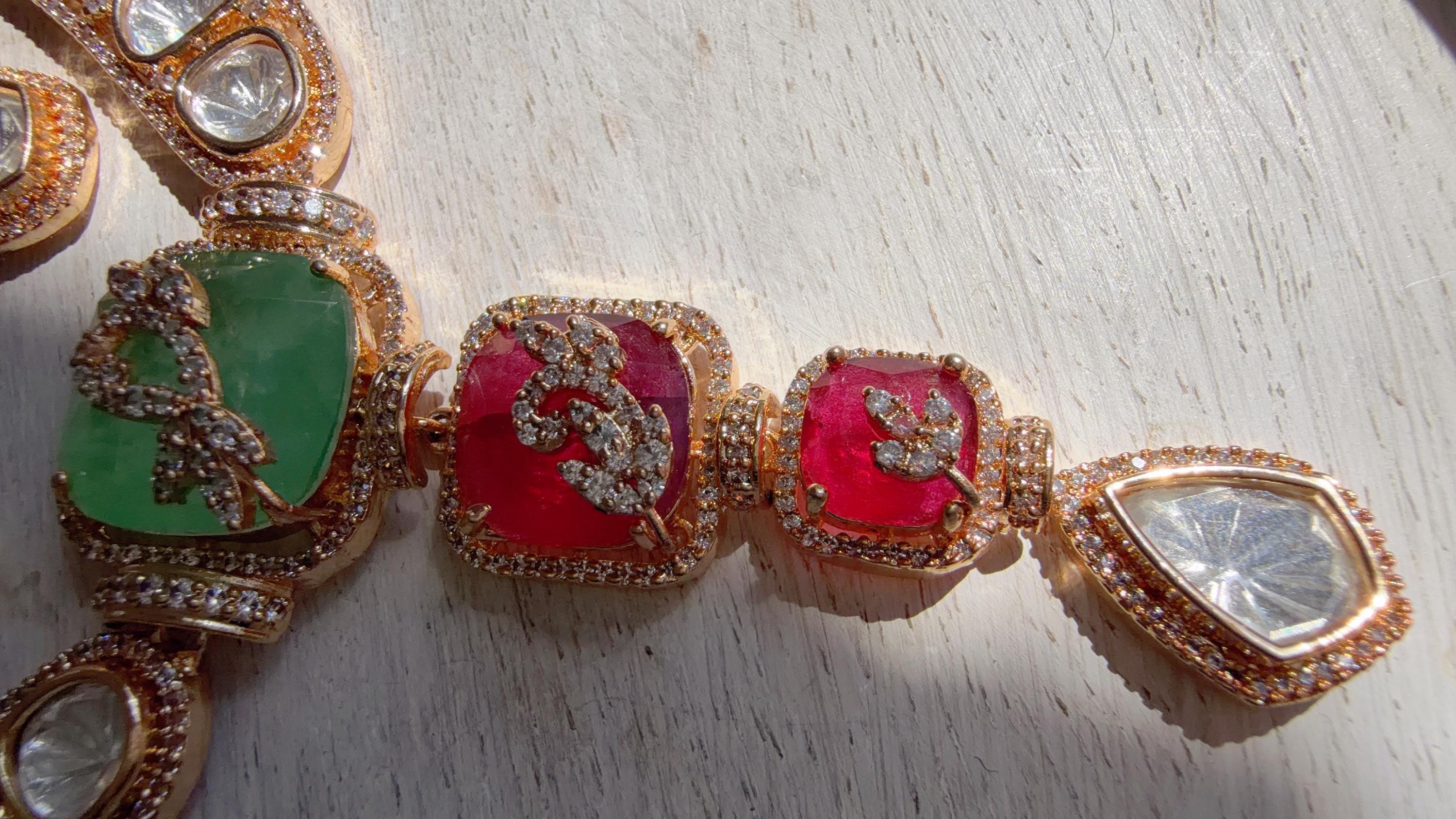 Classical Modern Kundan Mint Ruby Hasli Necklace Set | Indian Bridal Hasli | Statement Wedding Jewelry - Niyati