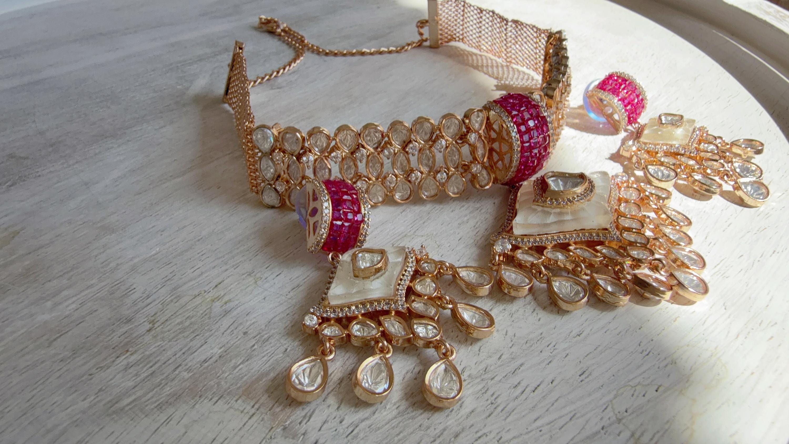 Bridal Mother of Pearl Moissanite Choker Necklace Set | Kundan Moissanite Wedding Jewelry | Indian Bridal Necklace Set - Deane