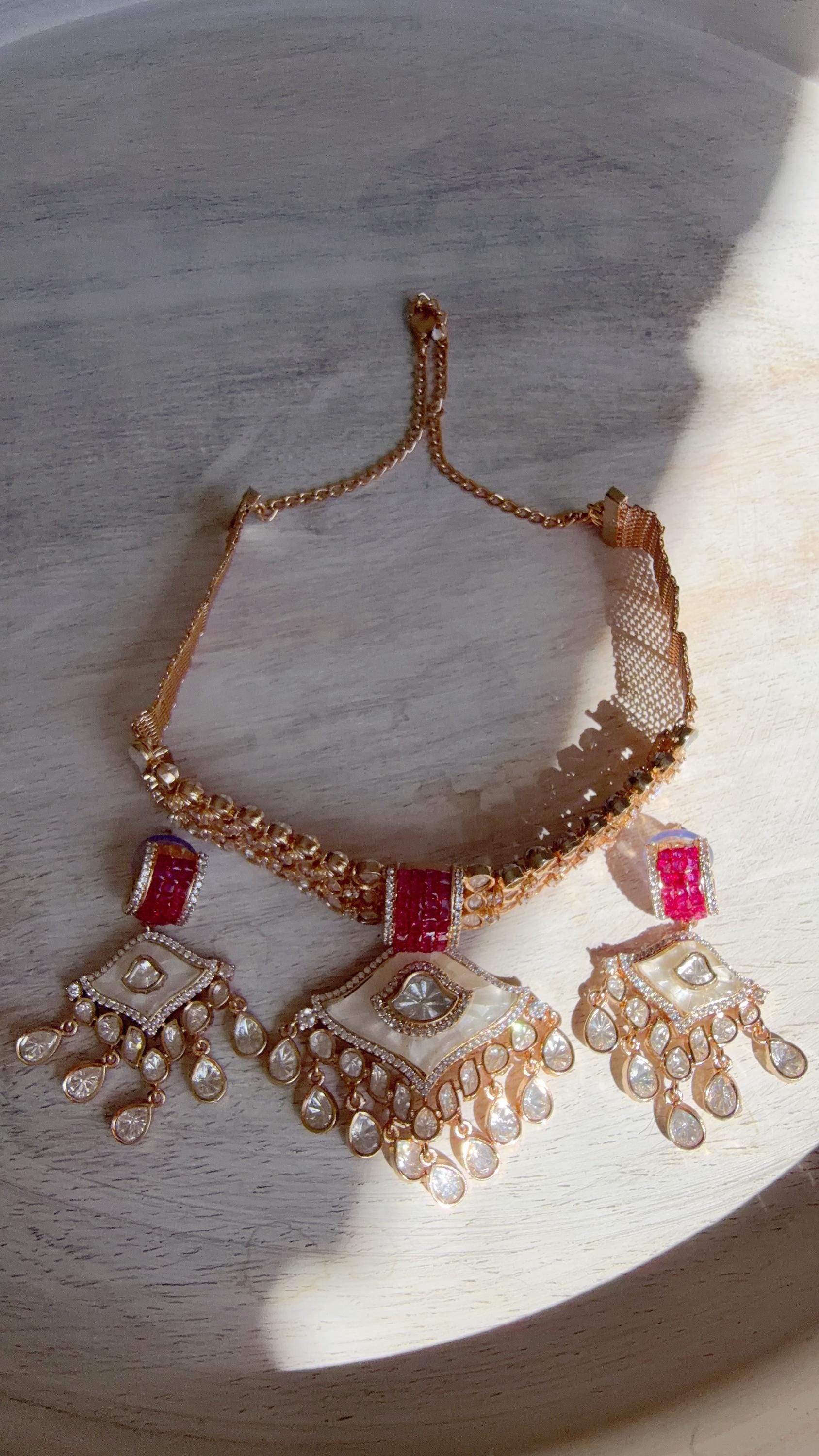 Bridal Mother of Pearl Moissanite Choker Necklace Set | Kundan Moissanite Wedding Jewelry | Indian Bridal Necklace Set - Deane
