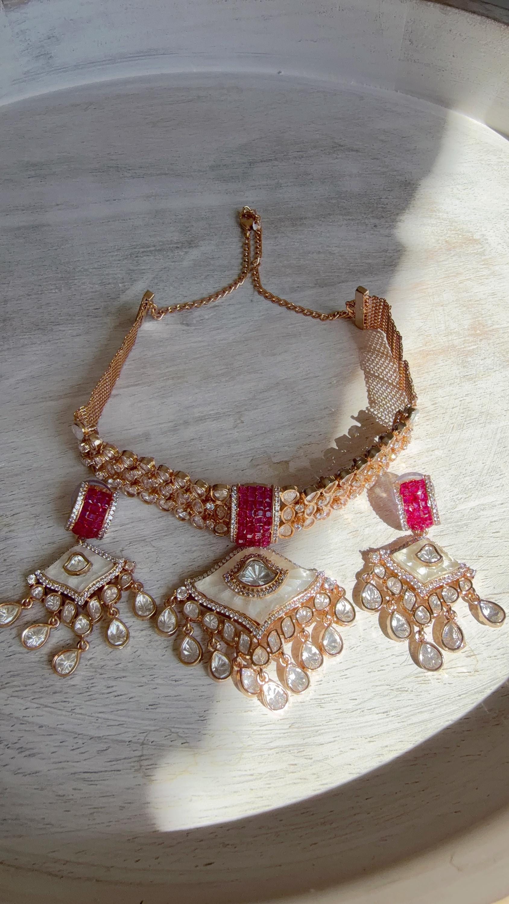Bridal Mother of Pearl Moissanite Choker Necklace Set | Kundan Moissanite Wedding Jewelry | Indian Bridal Necklace Set - Deane