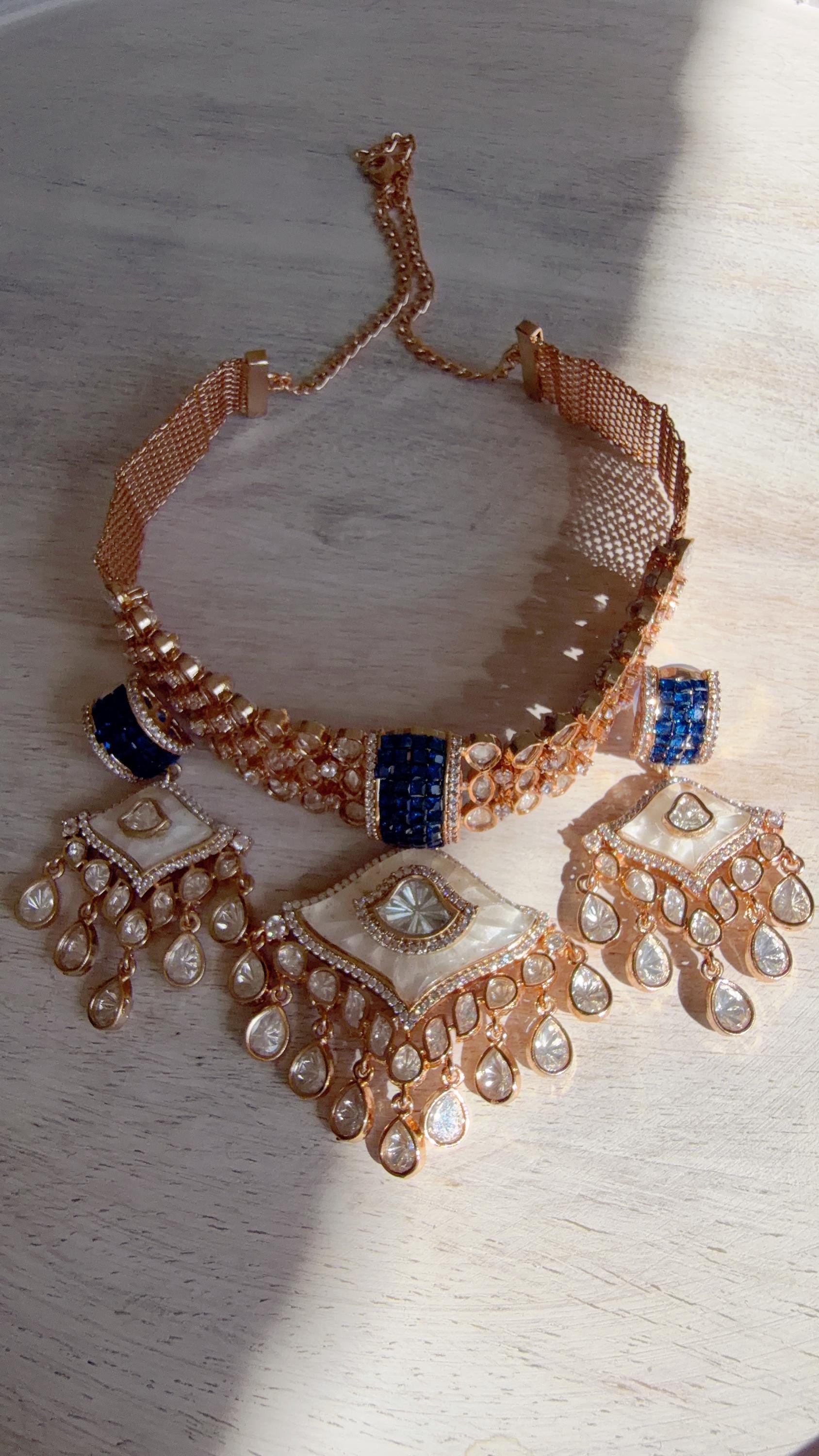 Bridal Mother of Pearl Moissanite Choker Necklace Set | Kundan Moissanite Wedding Jewelry | Indian Bridal Necklace Set - Deane