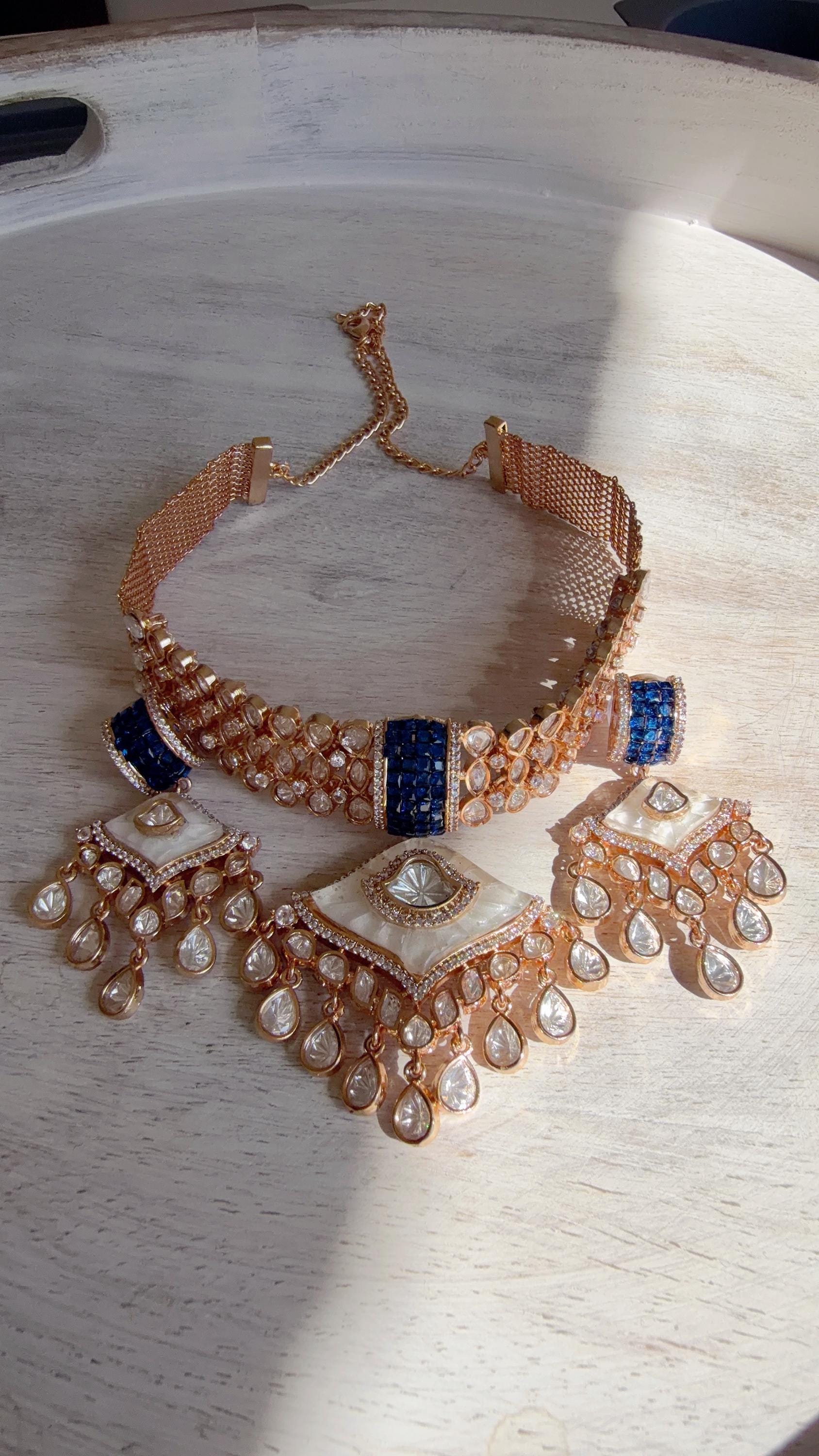 Bridal Mother of Pearl Moissanite Choker Necklace Set | Kundan Moissanite Wedding Jewelry | Indian Bridal Necklace Set - Deane