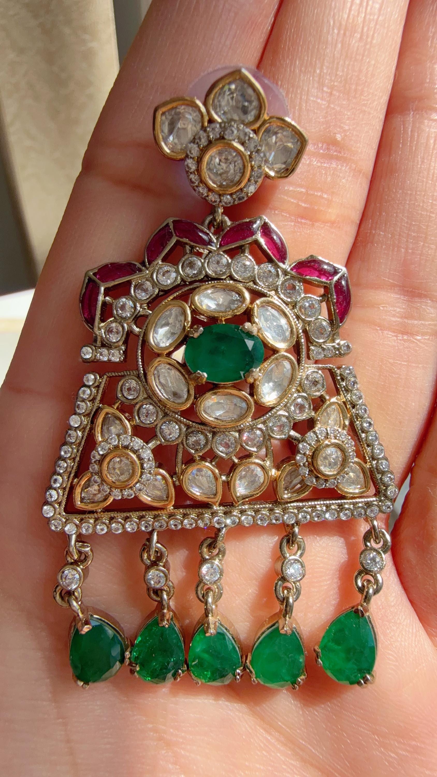 Green Long Victorian Stone Bridal Necklace Set | Moissanite Polki Kundan Necklace | Indian Wedding Jewelry | Statement Necklace - Anna