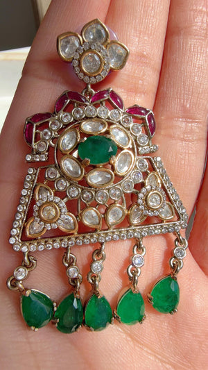 Green Long Victorian Stone Bridal Necklace Set | Moissanite Polki Kundan Necklace | Indian Wedding Jewelry | Statement Necklace - Anna