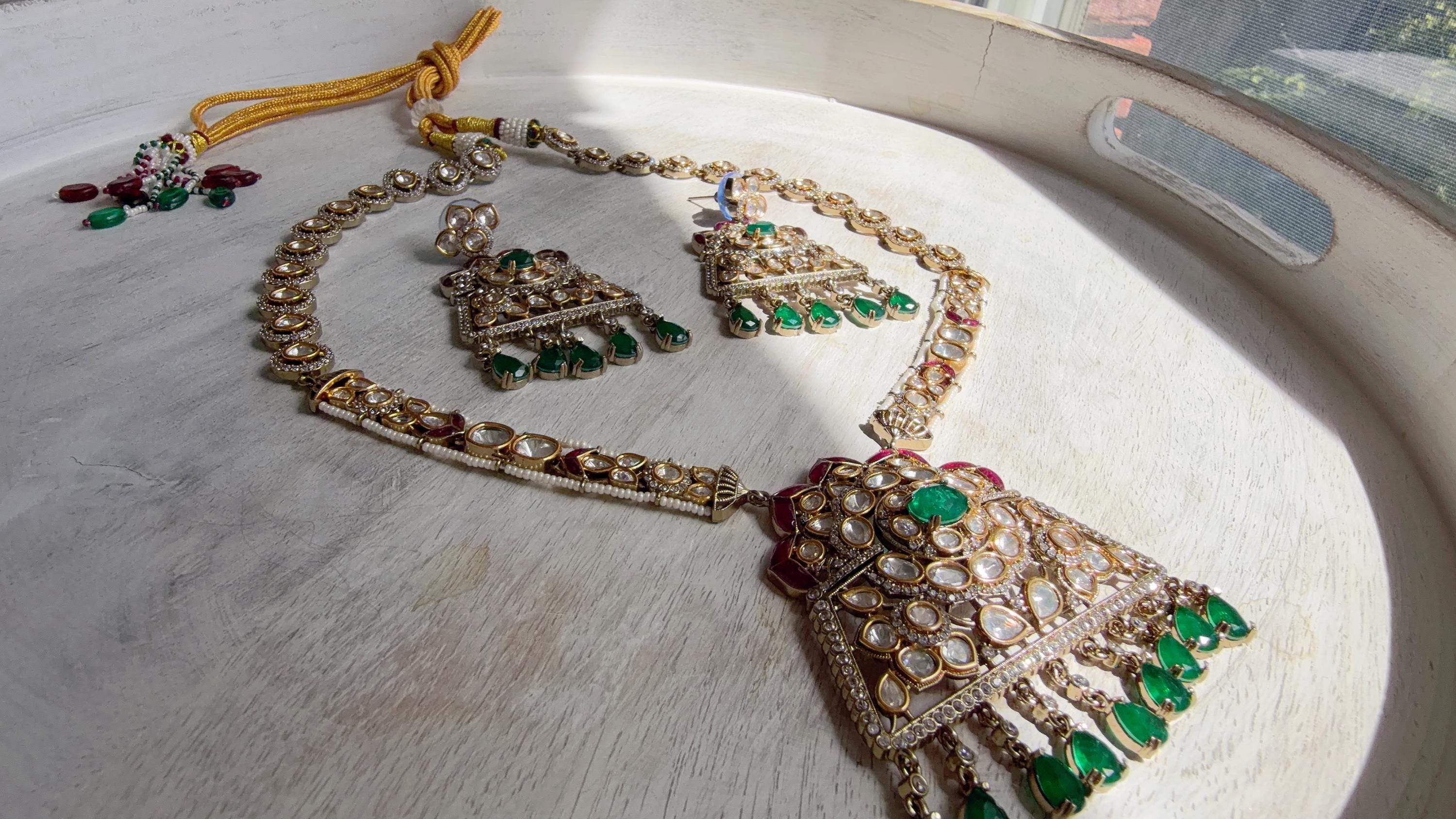 Green Long Victorian Stone Bridal Necklace Set | Moissanite Polki Kundan Necklace | Indian Wedding Jewelry | Statement Necklace - Anna