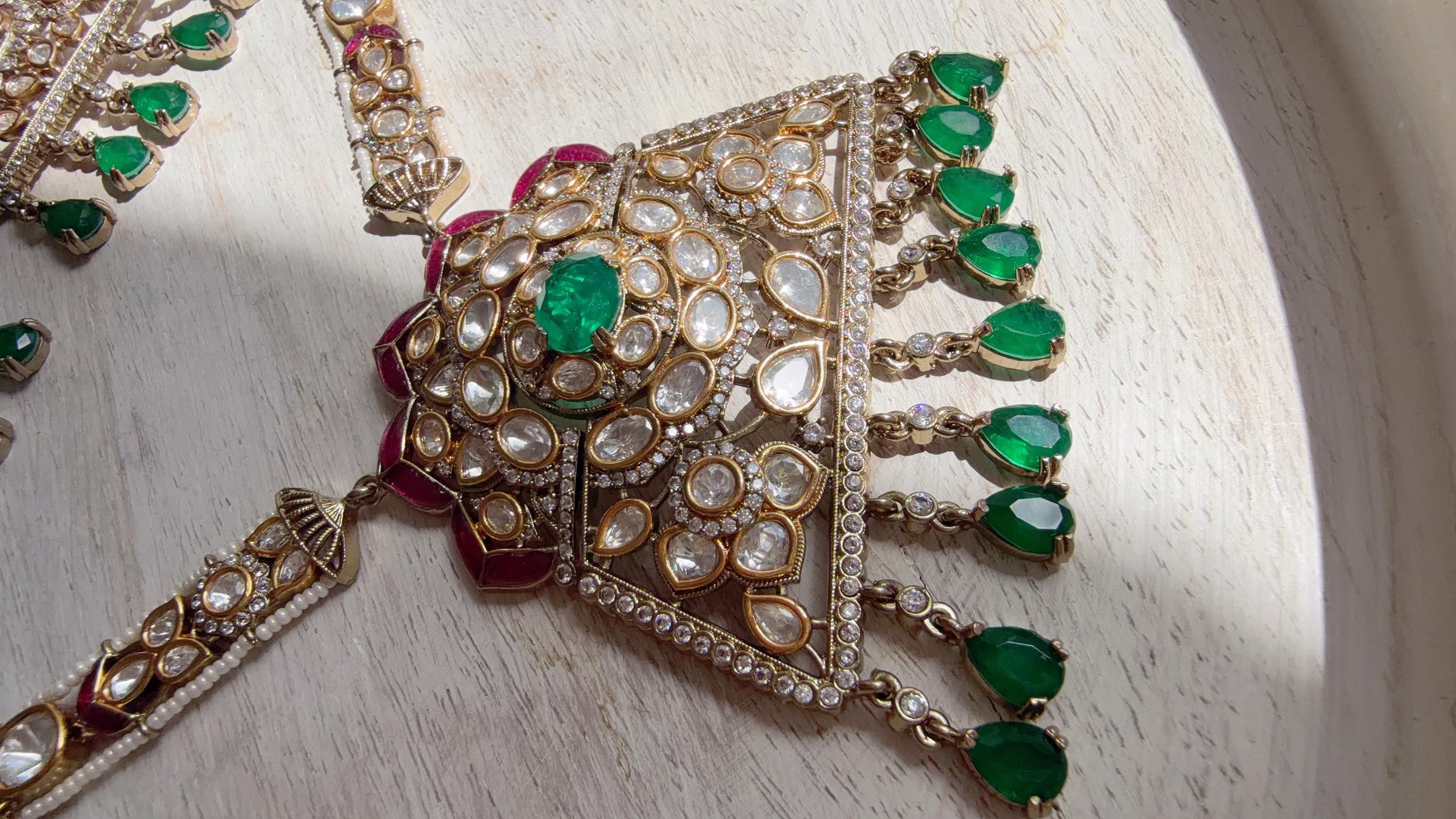 Green Long Victorian Stone Bridal Necklace Set | Moissanite Polki Kundan Necklace | Indian Wedding Jewelry | Statement Necklace - Anna