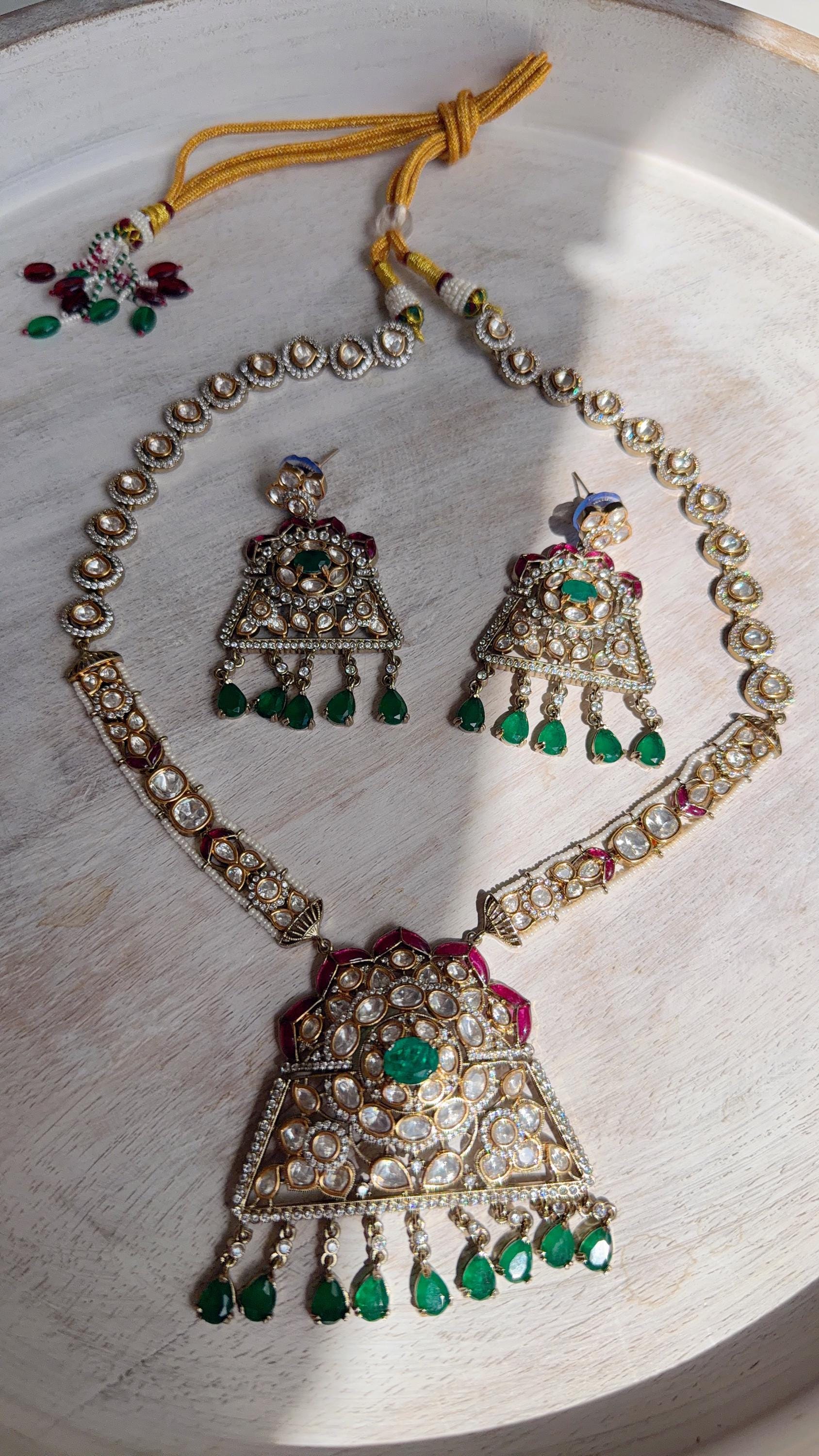 Green Long Victorian Stone Bridal Necklace Set | Moissanite Polki Kundan Necklace | Indian Wedding Jewelry | Statement Necklace - Anna
