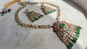 Green Long Victorian Stone Bridal Necklace Set | Moissanite Polki Kundan Necklace | Indian Wedding Jewelry | Statement Necklace - Anna