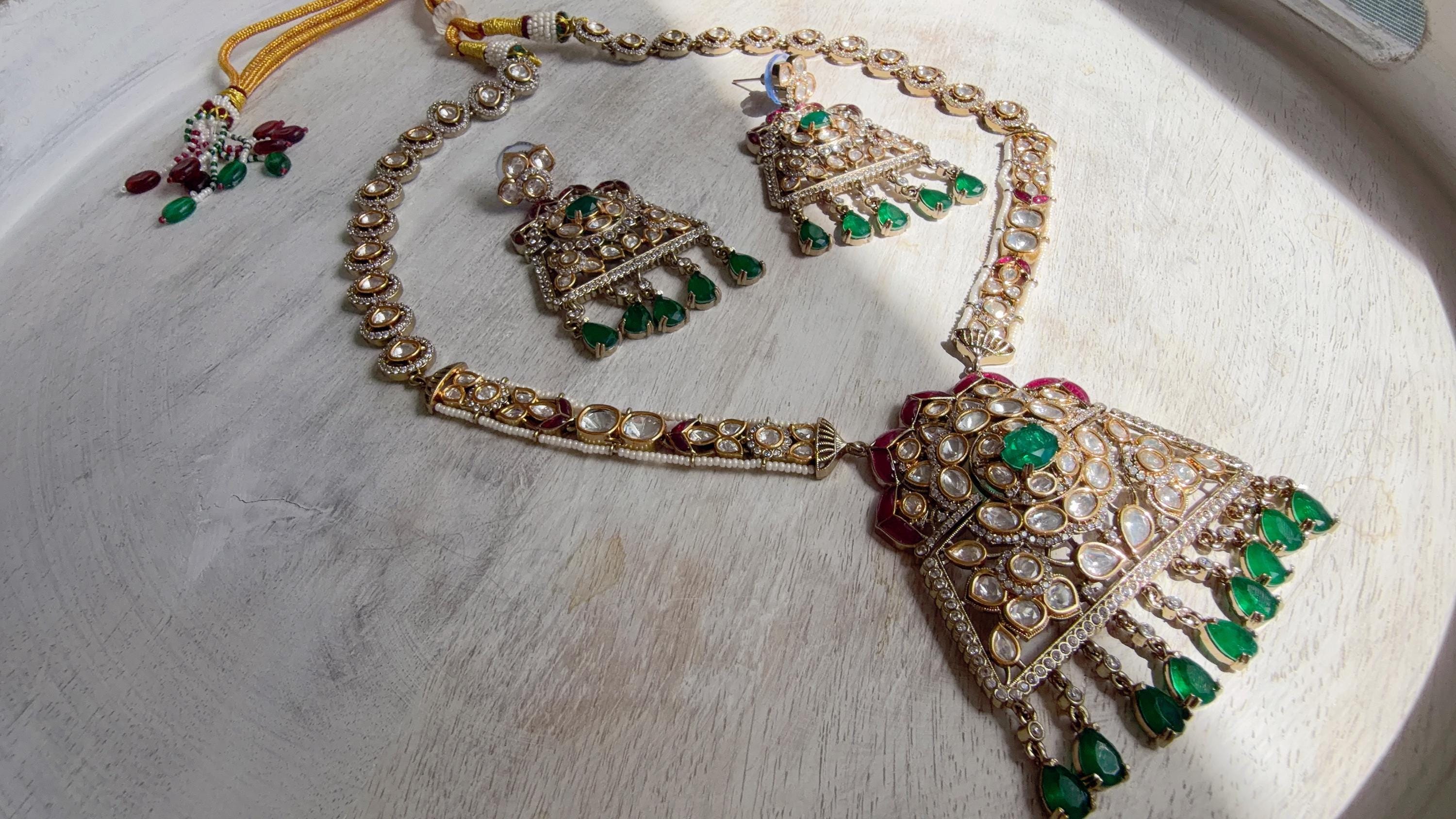 Green Long Victorian Stone Bridal Necklace Set | Moissanite Polki Kundan Necklace | Indian Wedding Jewelry | Statement Necklace - Anna