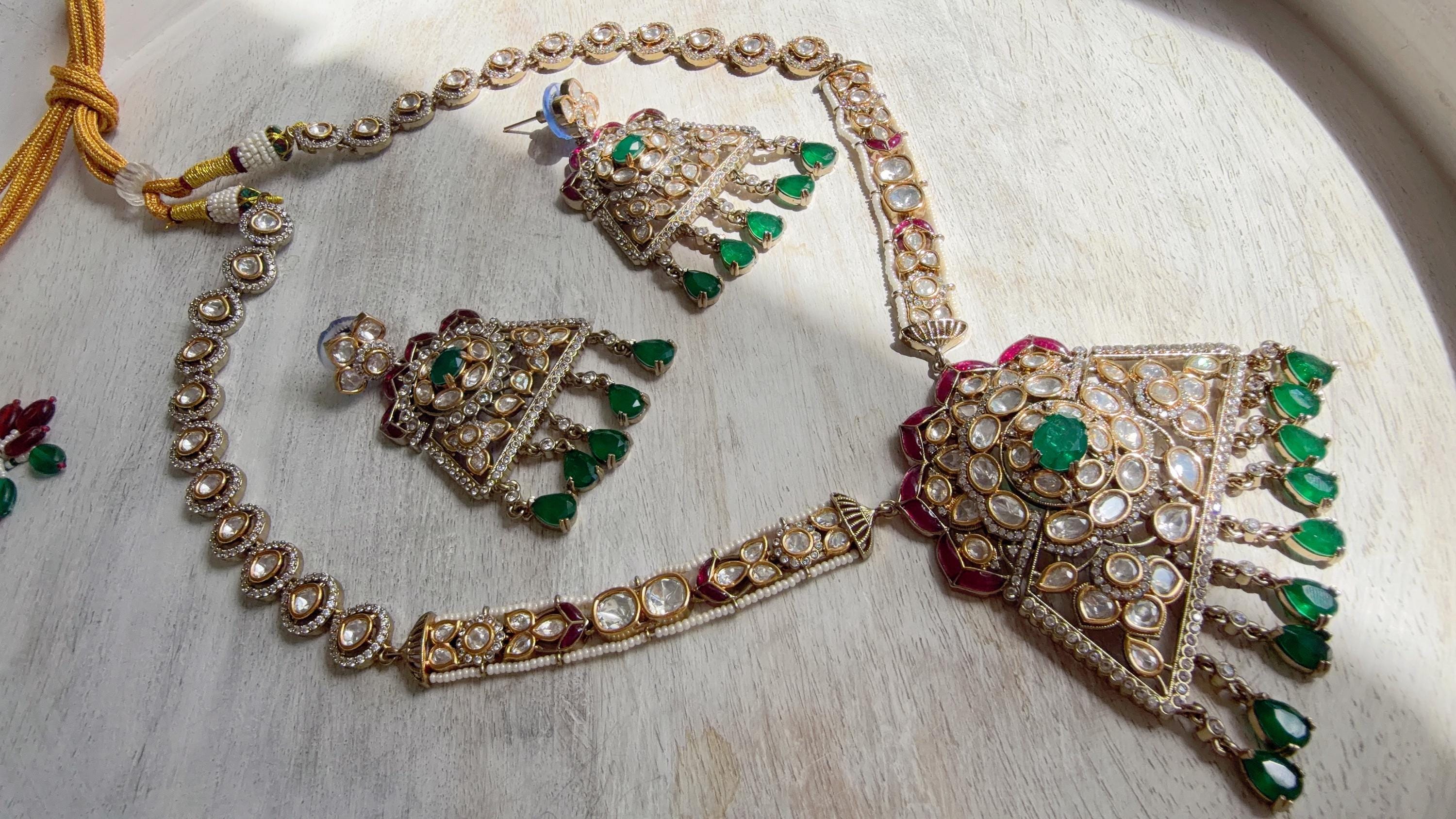 Green Long Victorian Stone Bridal Necklace Set | Moissanite Polki Kundan Necklace | Indian Wedding Jewelry | Statement Necklace - Anna