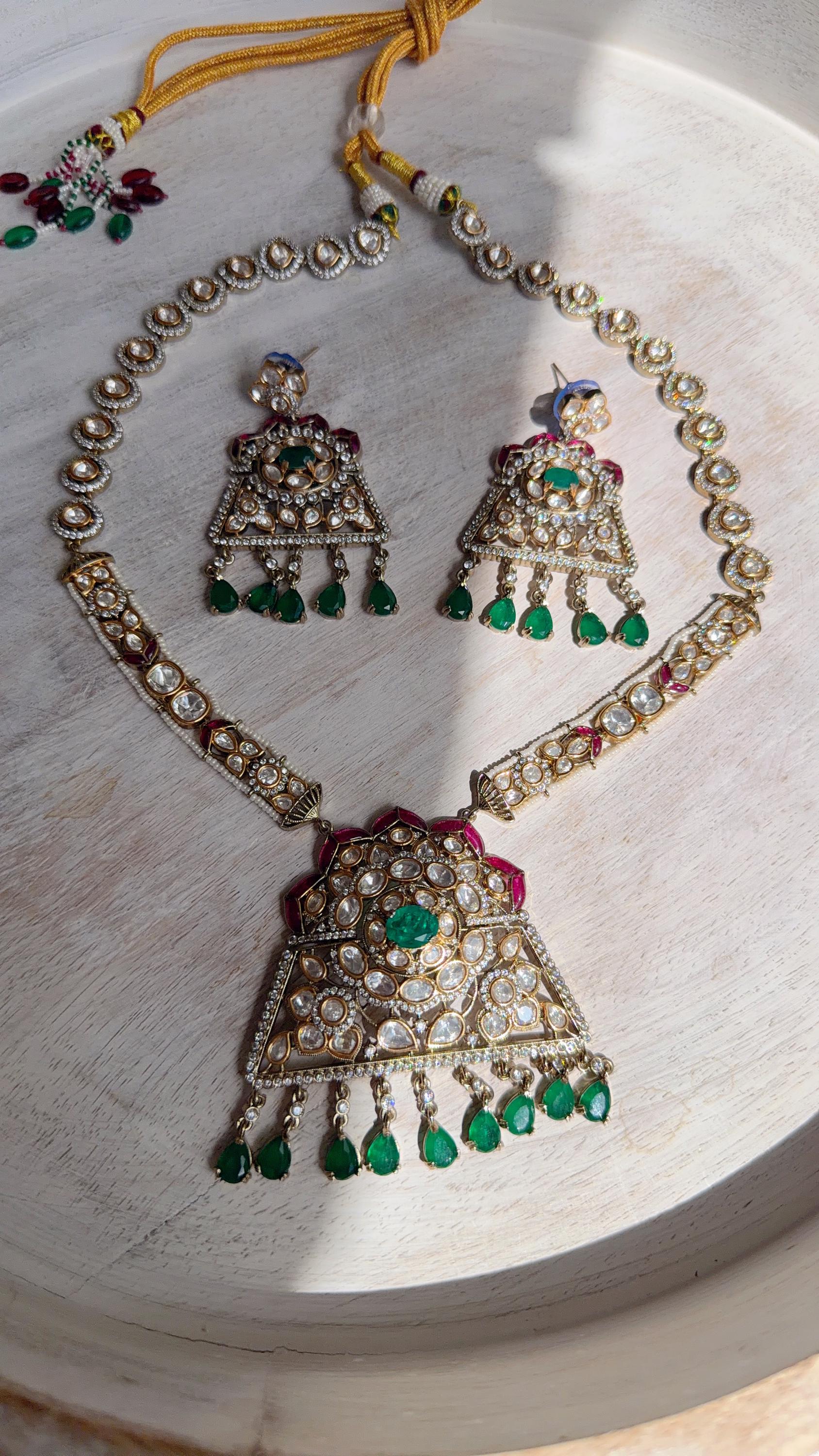 Green Long Victorian Stone Bridal Necklace Set | Moissanite Polki Kundan Necklace | Indian Wedding Jewelry | Statement Necklace - Anna